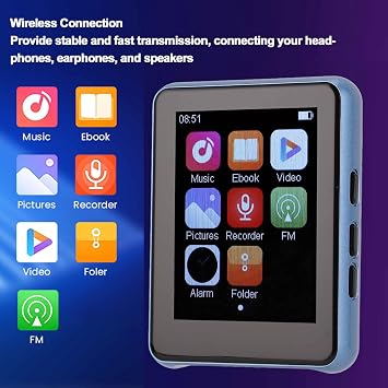 Blue Portable MP3 Player with Bluetooth V5.0 2.4 Full Touch Screen Up to 128GB Expandable Storage Built-in Speakers HiFi Digital Music Player for FM Radio E-Books Voice Control Background Playback