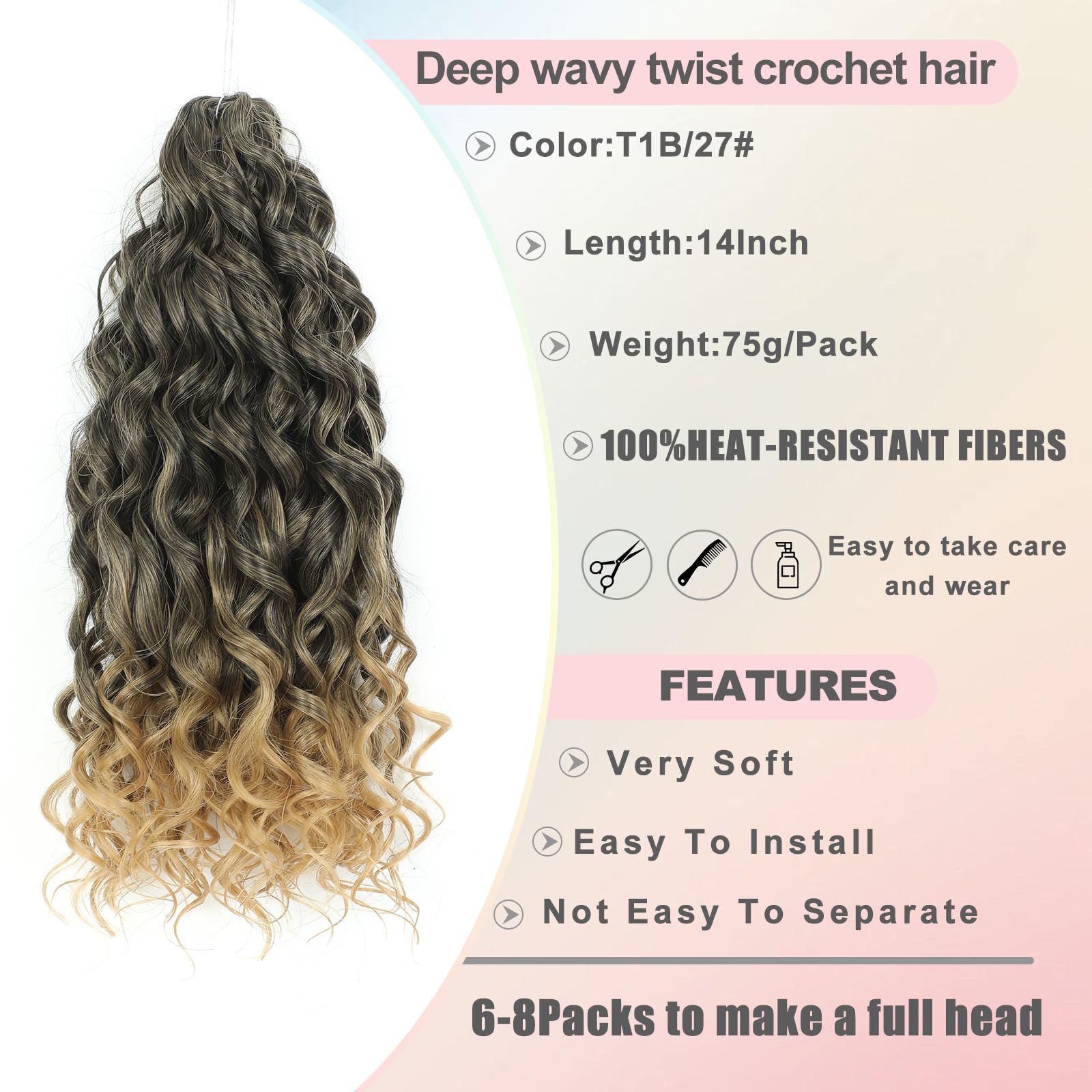 FANWYFYU 6Packs Deep Wavy Twist Crochet Braids Hair 14Inch French Curly Braiding Hair Pre-Looped Long Bohemian Crochet Hairs Water Wave Synthetic Curly Hair Extensions for Women and Girls (T1B-27) - Image 2