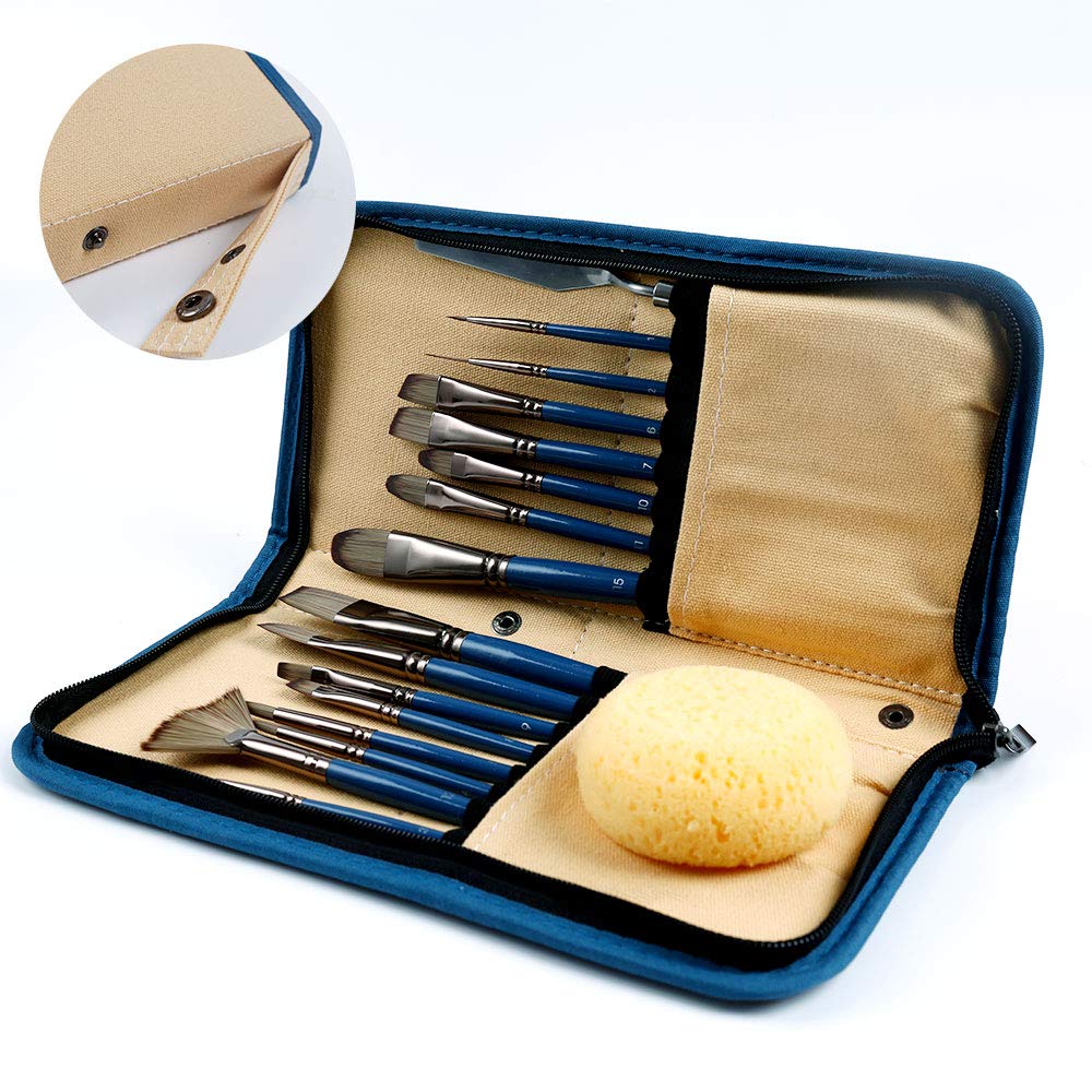 ARTECHO Paint Brush Set, 15PCS Different Sizes Paint Brush Set with Free Palette Knife, Sponge and Portable Case for Acrylic, Watercolor, Oil, Gouache , Miniature, Craft Detailing and Body Painting.