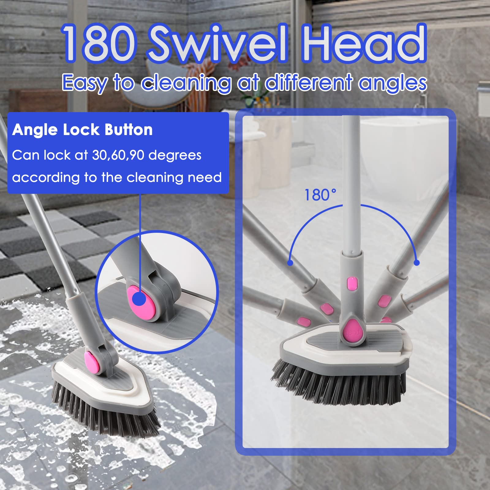 Shower Scrubber for Cleaning,Bathroom Scrubber with Long Handle,2 in 1 Tub and Tile Scrubber Brush,Bathroom Cleaning Supplies Floor Scrubber Baseboard Cleaner Tool Tub and Tile Bathtub Scrubber Pink