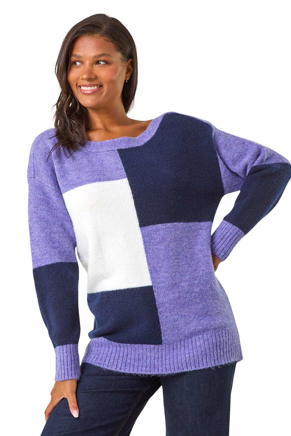 Roman Originals Women's Lavender Colour Block Knit Jumper For Uk - Everyday Autumn Winter Scoop Neckline Comfy Soft Evening Vacation Work Party Night Out - Size 16