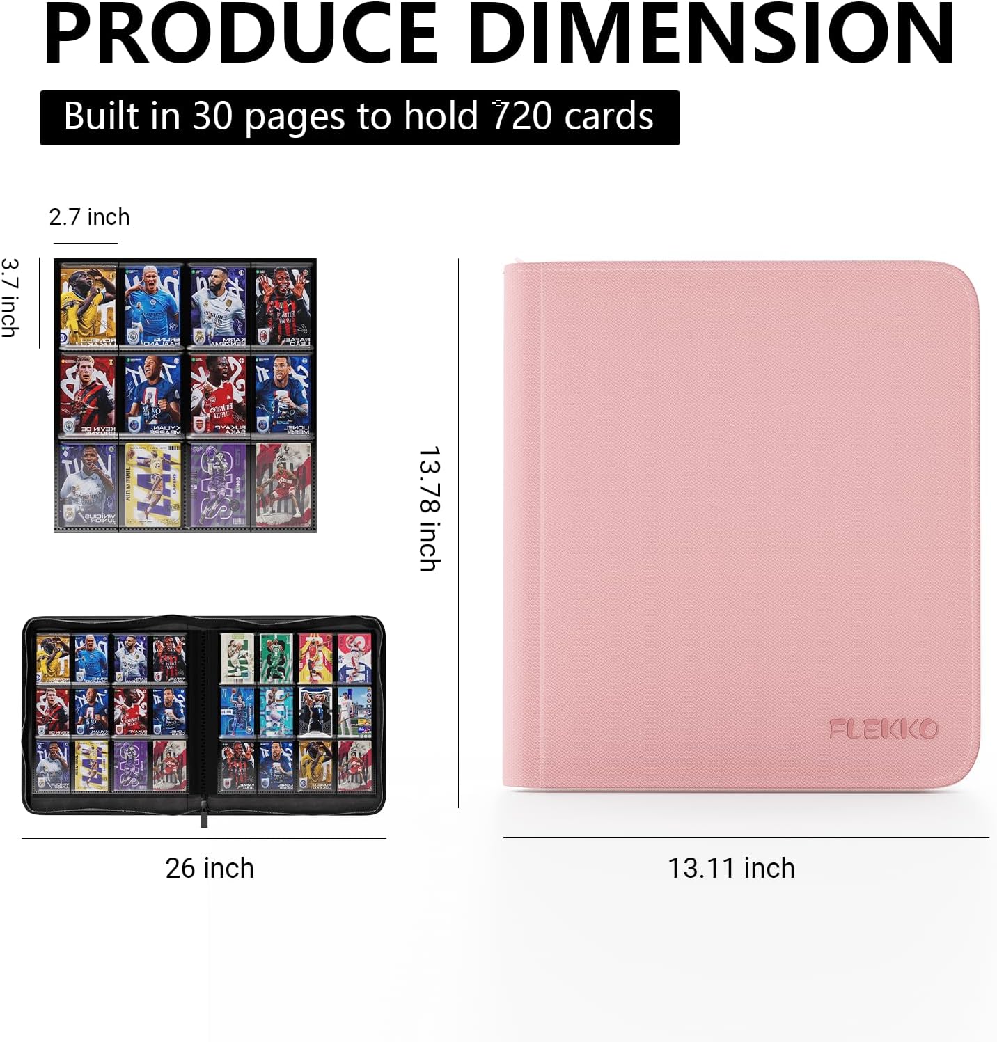 12 Pocket Card Binder,Flekko Zipper 720 Pockets Trading Card Binder,PU Card Collection Album,Sturdy Side-Loading Card Holder Folders for YuGiOh, TCG,MTG,Game Cards,Sports Cards,(Pink)