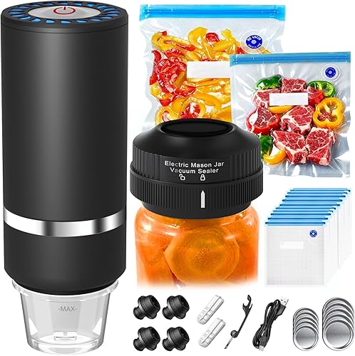 Sellador al vacío de mano para alimentos, sellador al vacío de tarros Mason + tapón de vacío de 4 vinos + 10 bolsas de vacío reutilizables, mini