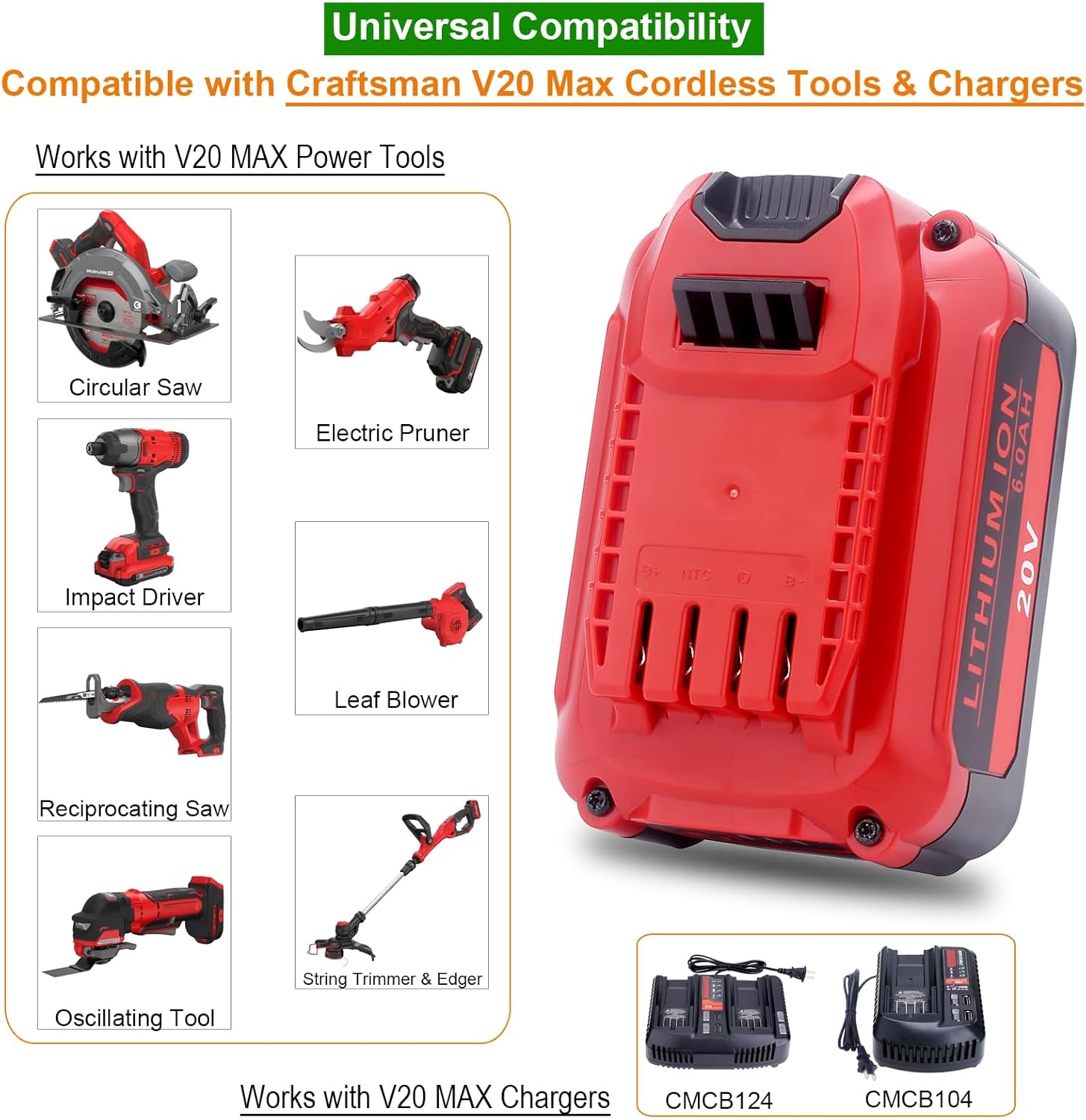 Upgraded 6.0Ah 20V Lithium Replacement Battery Compatible with Craftsman V20 Series Cordless Outdoor Tools, Compatible with Craftsman CMCB206, CMCB204, CMCB202 20 Volt MAX V20 Batteries, 2-Pack