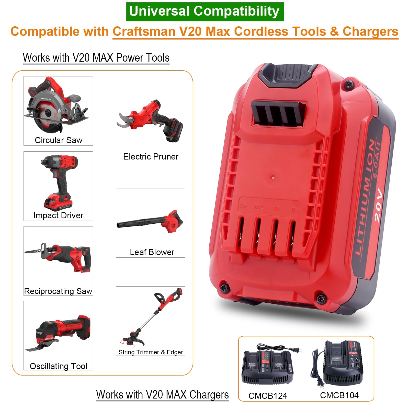 Batteria di ricambio aggiornata al litio da 6,0 Ah 20 V, compatibile con utensili da esterno senza fili Craftsman serie V20, compatibile con batterie Craftsman CMCB206, CMCB204, CMCB202 da 20 Volt MAX
