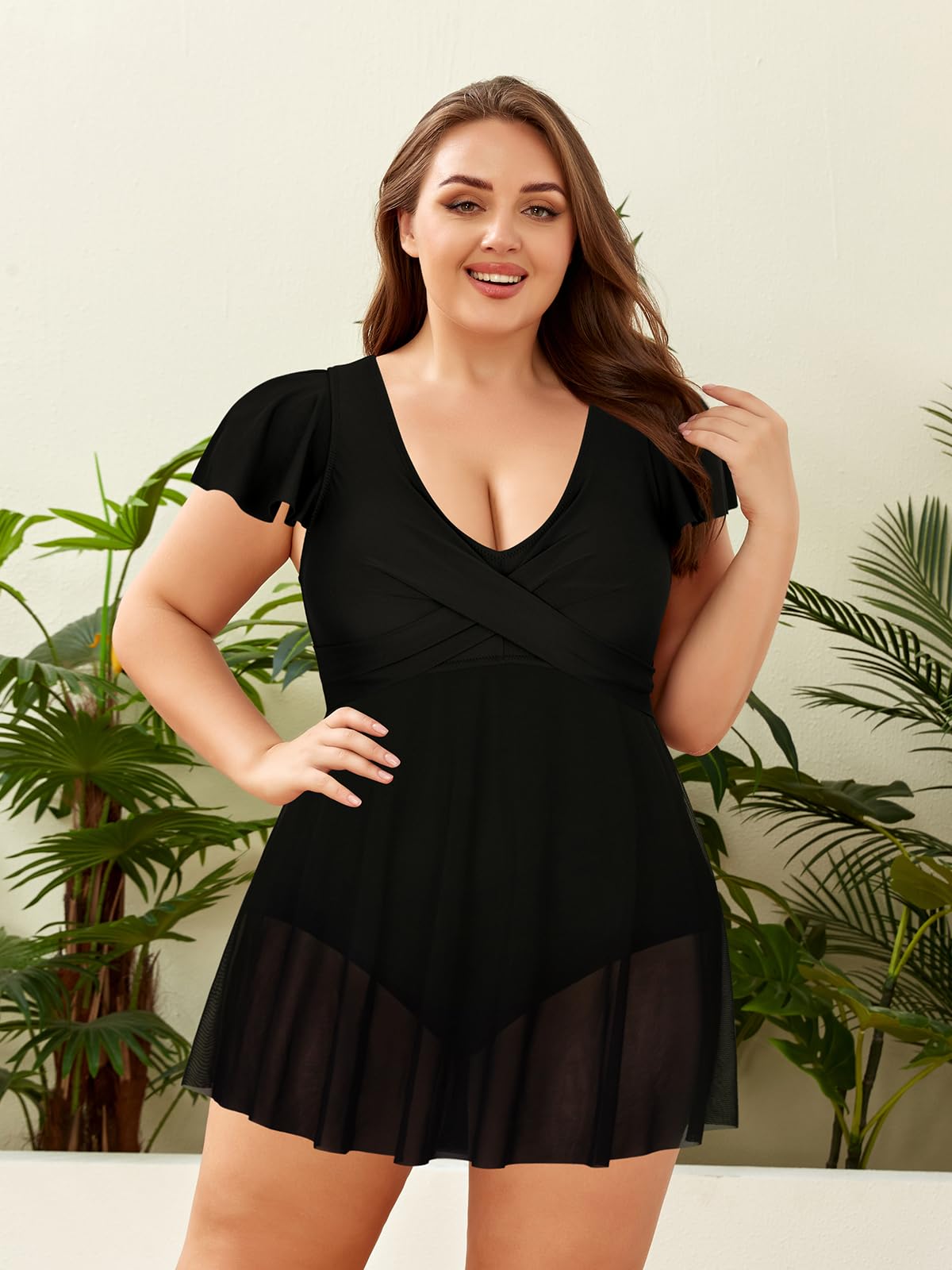 SHEKINI Maillot de Bain Une Pièce pour Femme Décolleté Plissé Croisé avec Poignets à Volants Grande Taille Maillot de Bain Jupette Femme