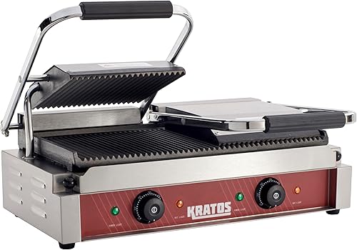 Miniatura 2 de Kratos Parrilla de sándwich Panini eléctrica comercial con placas ranuradas, superficie de cocción de 18.7 x 9 pulgadas, prensa Panini de encimera