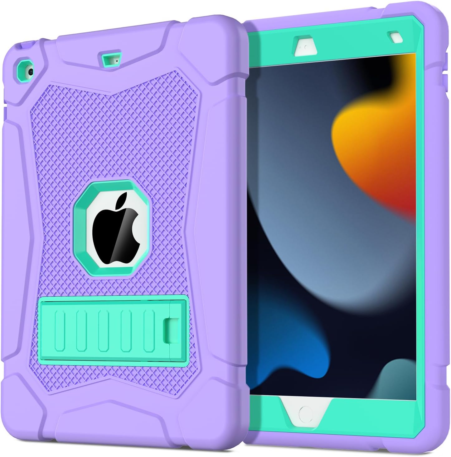 AVAWO Case for iPad 9th/8th/7th Generation(10.2 inch, 2021/2020/2019), Heavy Duty Military Grade Shockproof Protective Cover with Built-in Stand for i Pad 9/8/7 Gen, Purple+Teal