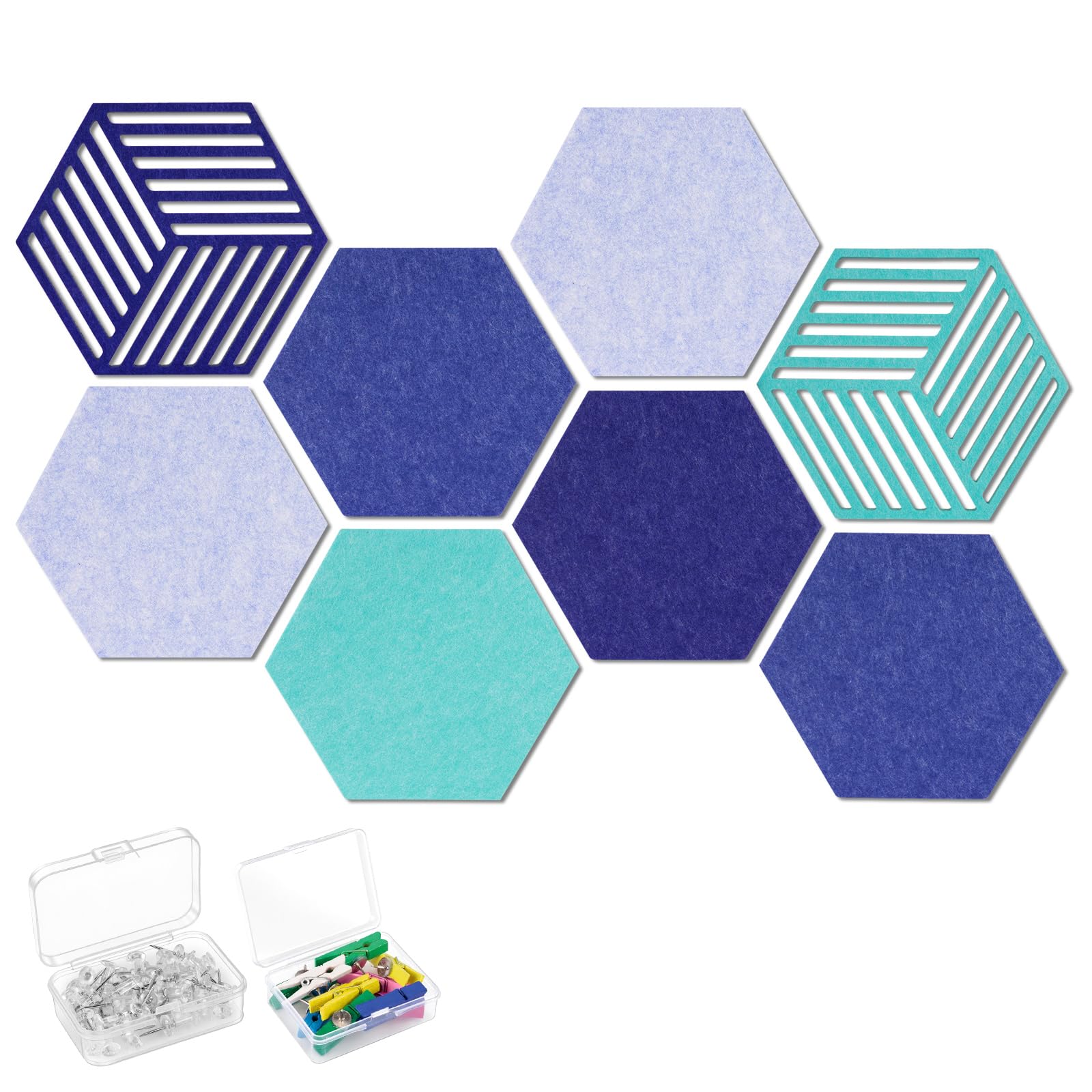Ainiv 8 PCS Felt Hexagon Bulletin Boards, DIY Memo Board Notice Board with 40 Push Pins and 10 Colorful Wooden Clips, Felt Wall Tiles for School Office Home Wall Decor Memos Photos Display-Blue Tones