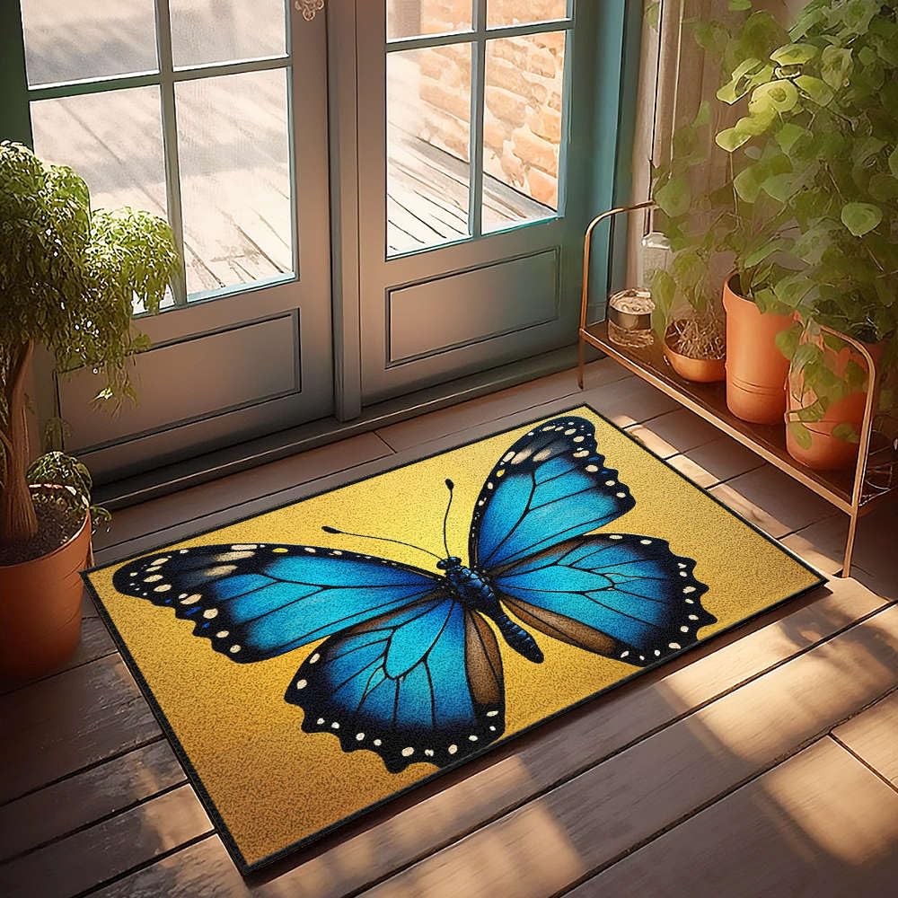 Paillasson décoratif papillon bleu vif 65 x 90 cm pour lit