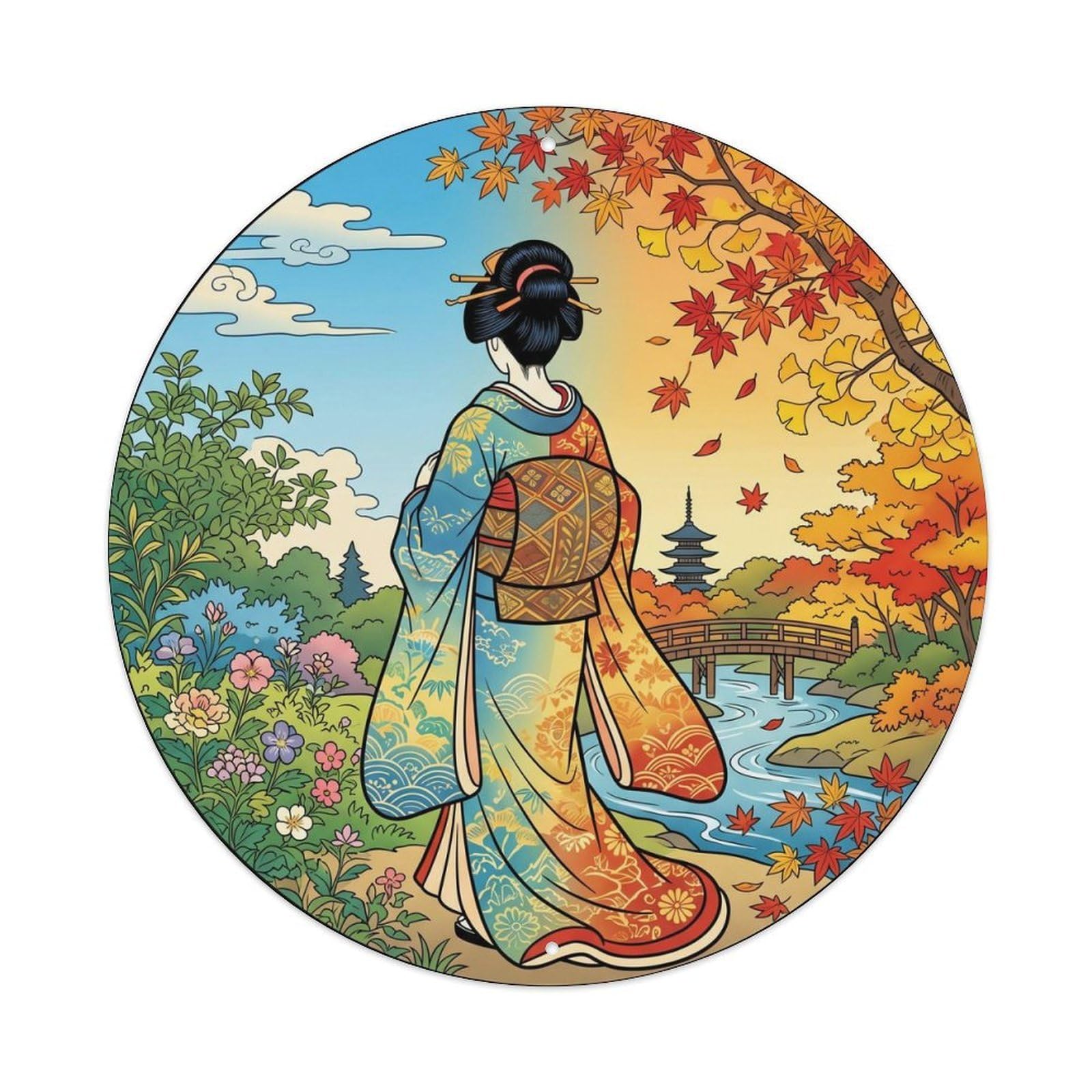 Galvaxio Style Japanese Kimono Woman Observing Summer Autumn Transition Metal Tin Sign