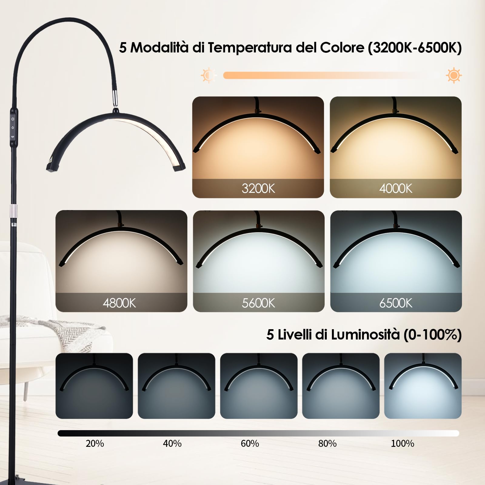 Lampada Cosmetica a Mezzaluna – Lampada a Piedistallo Mobile con Ruote, 192 LED, 5 Colori e 5 Livelli di Luminosità, con Telecomando e Clip, per Estensione Ciglia/Design Unghie/Tatuaggio