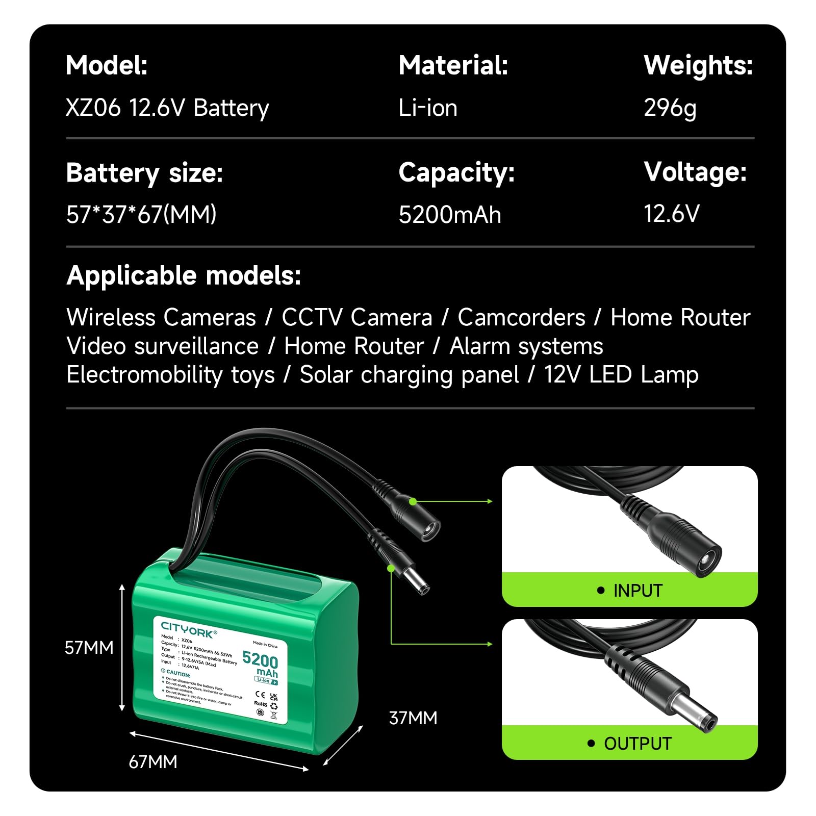 Akumulator litowy 12,6 V DC 5200 mAh nadaje się do urządzeń 12 V, używany do paneli słonecznych, taśm świetlnych LED, odtwarzaczy MP3, routerów, przenośnych płyt DVD, dronów, świateł