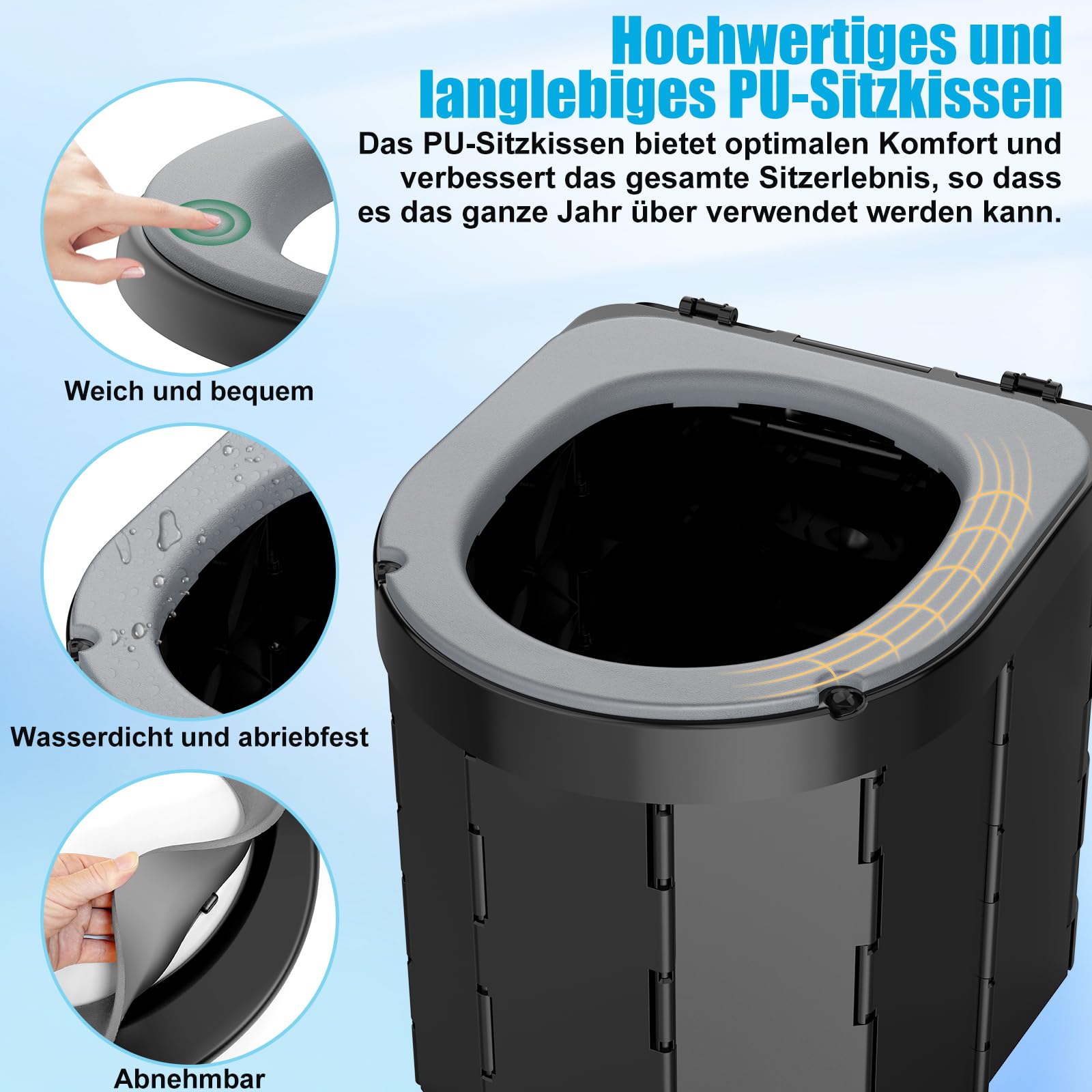 WADEO Tragbare Campingtoilette mit EVA-Komfortsitz, Faltbare Toilette Klapptoilette belastbar bis zu 200kg, mit 20 Müllbeutel, Papier- und Handyhalter, Hygienischer Eimer für Camping Wandern Angeln