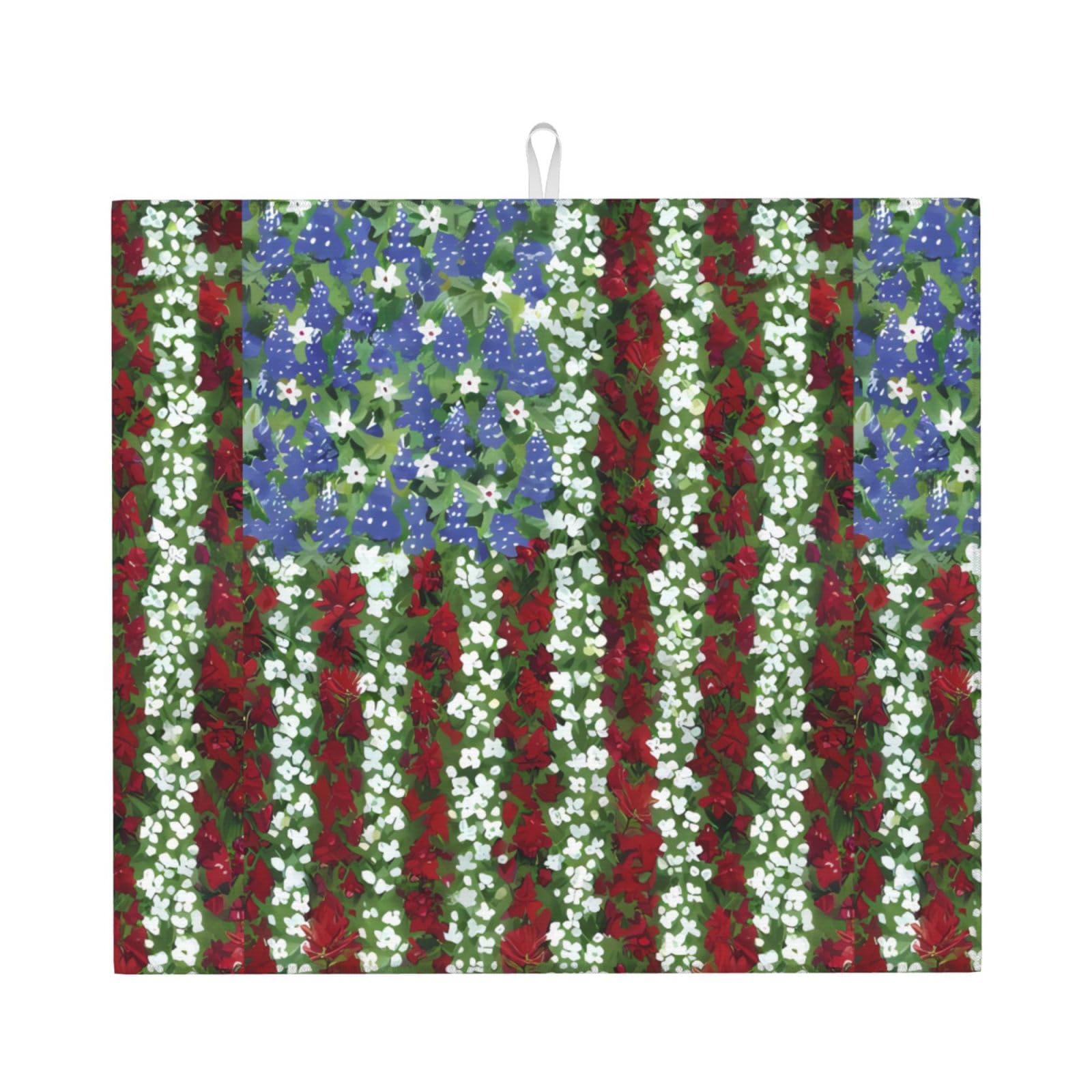HJFCZH America Patriotic Flower Prints Kitchen Drying Mat – Absorbent Microfiber Throw for Dishes, Non-Slip Counter Cover, Quick-Drying Layer with Fade-Resistant Print