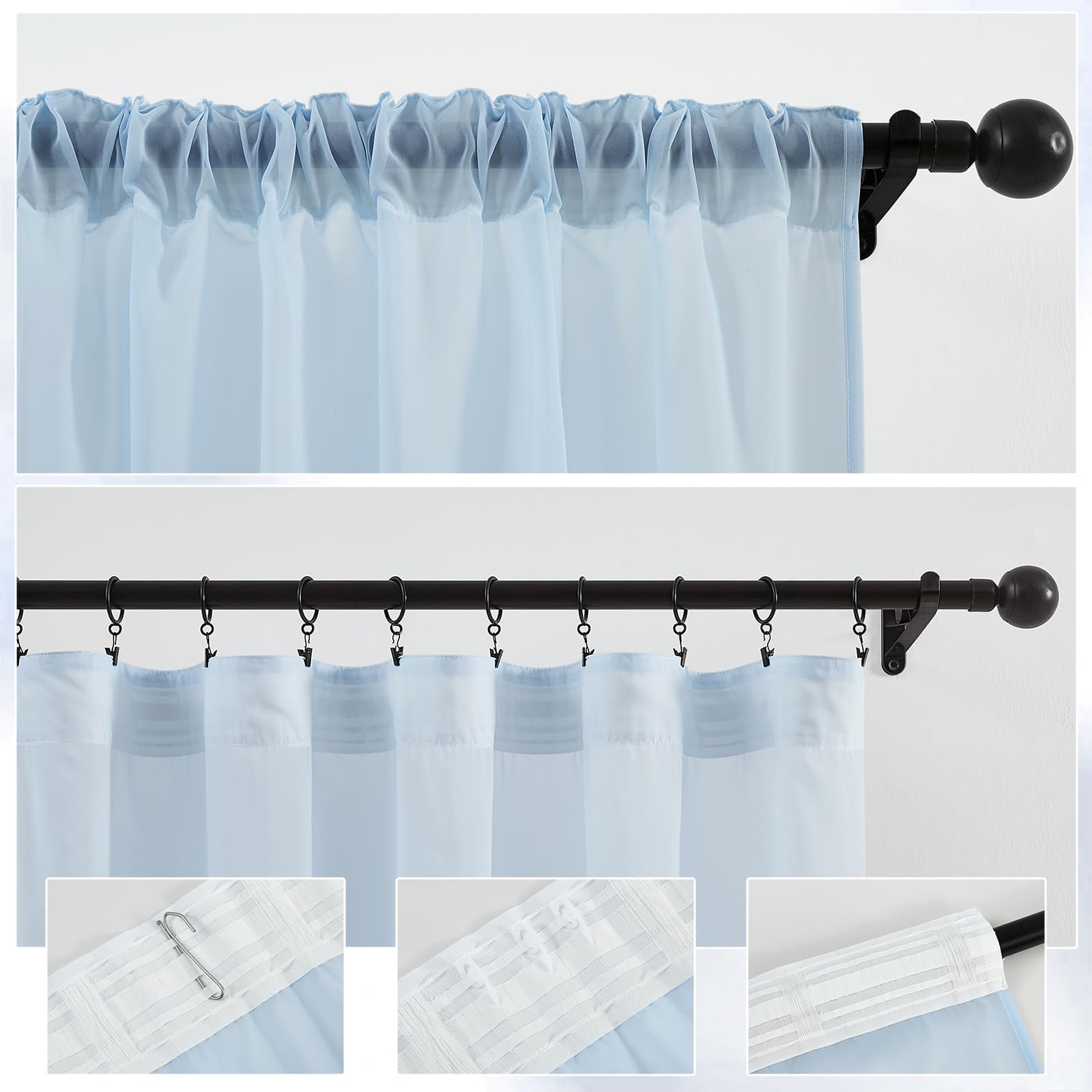Melodieux Lot de 2 rideaux coulissants avec galon fronceur, modernes, pour chambre d'enfant, cuisine, bleu ciel, 210 x 137 cm (H x l)