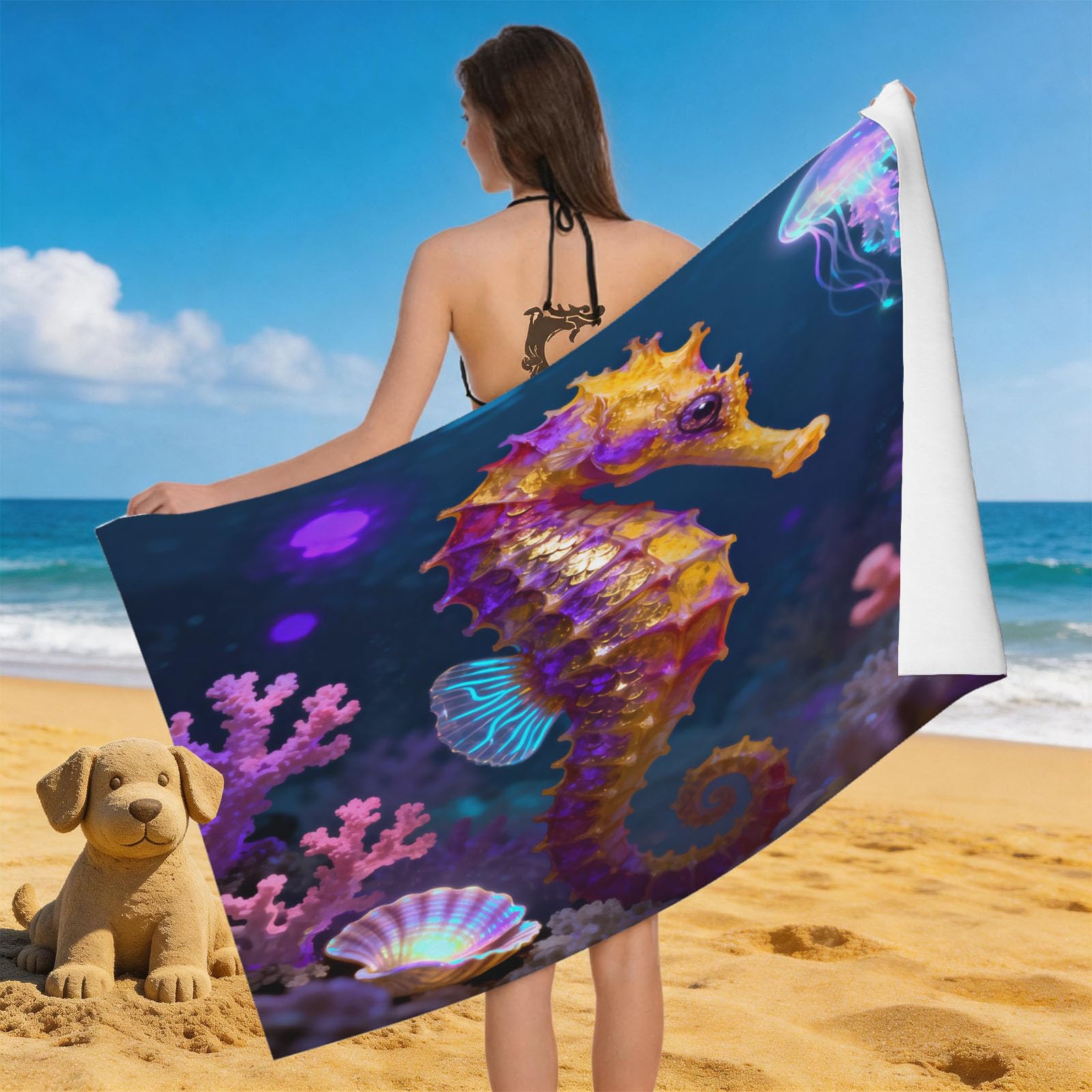 Leichong 3D 3D Seahorse Beach Towel Microfiber Soft Quick Dry for Adults, Dreamy Bath Towel Lightweight Soft Absorbent for Travel Swimming Pool Sports, 75 x 150 cm