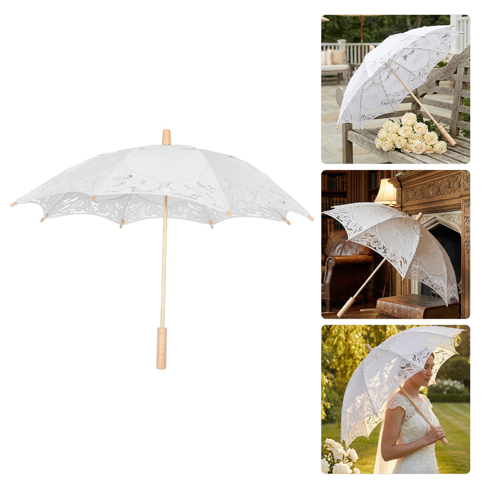 Housoutil Eleganter Komfortabel Weißer Spitze aus Hochzeitsspitzenschirm Holzgriff 4 Stück Fotorequisite und Damen für Hochzeiten und Fotoshootings