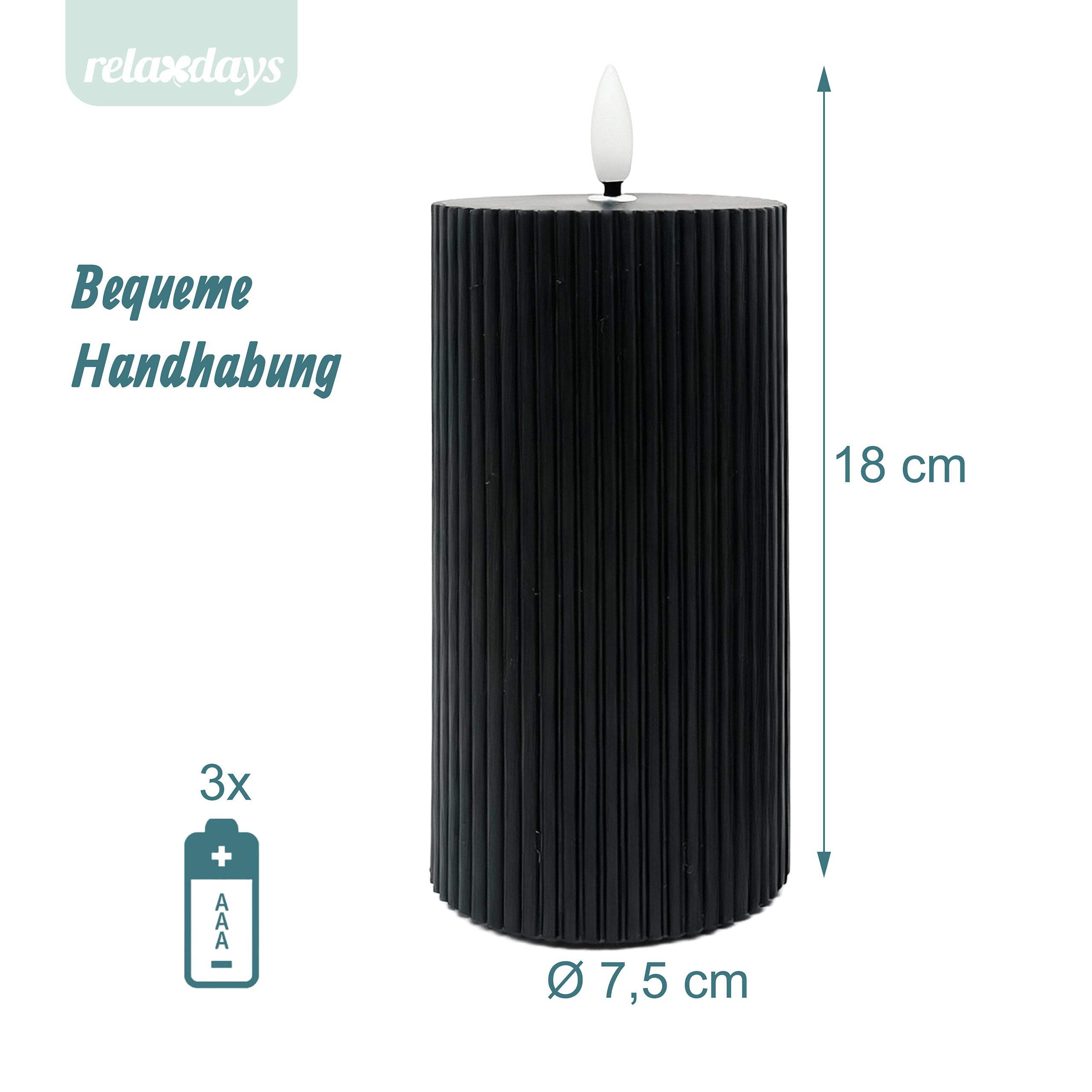 Relaxdays LED Kerzen, 4er Set, HxD: 18 x 7,5 cm, flackernde Flamme, Echtwachs, Rillen, flammenlose Blockkerzen, schwarz