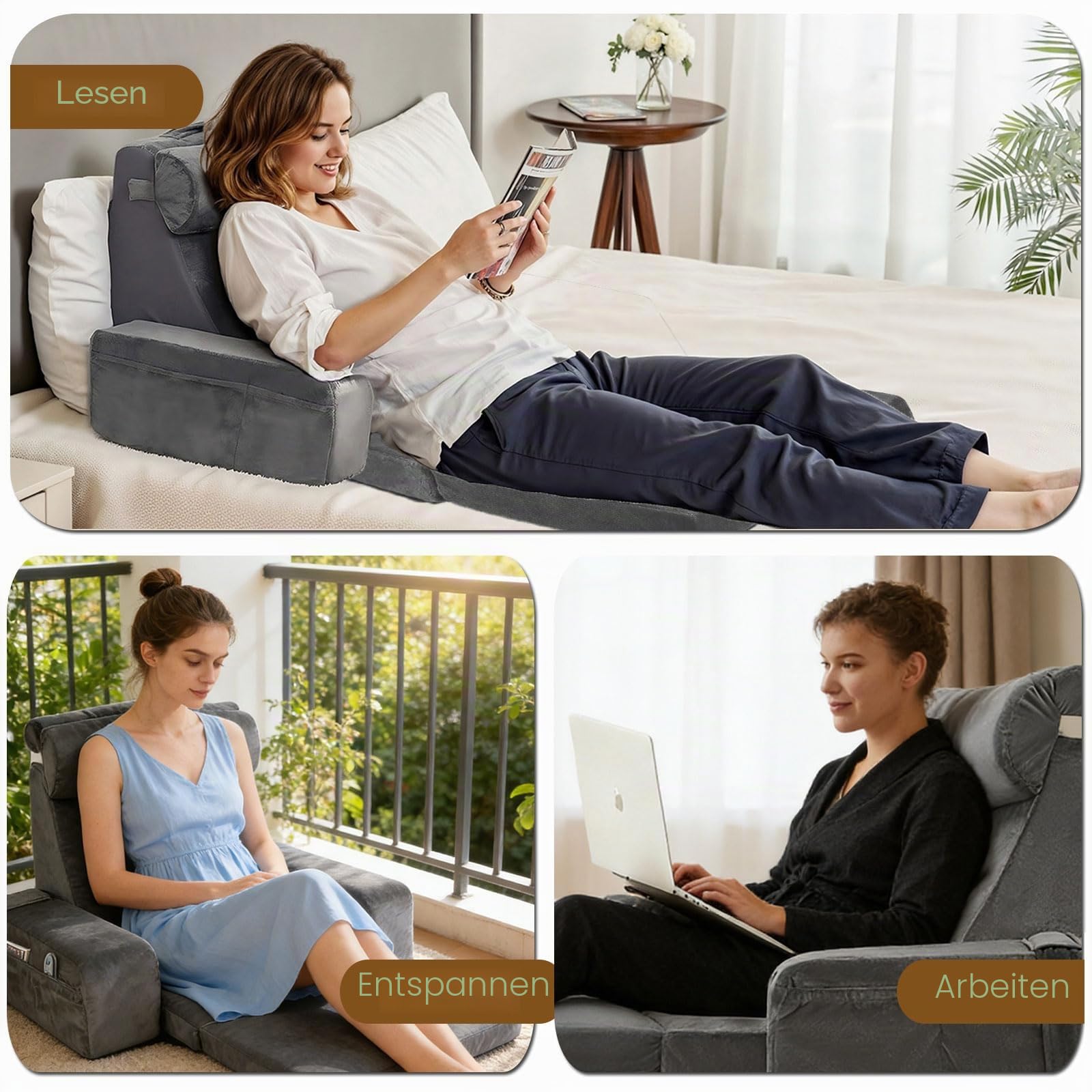 Lesekissen für Bett und Sofa,Rückenkissen Bett mit Abnehmbarer Nackenrolle,Armlehnen und Taschen,Groß Erwachsenen Rückenkissen für Lesesitzkissen zum Lesen,Entspannen,Fernsehen,Maschinenwaschbar