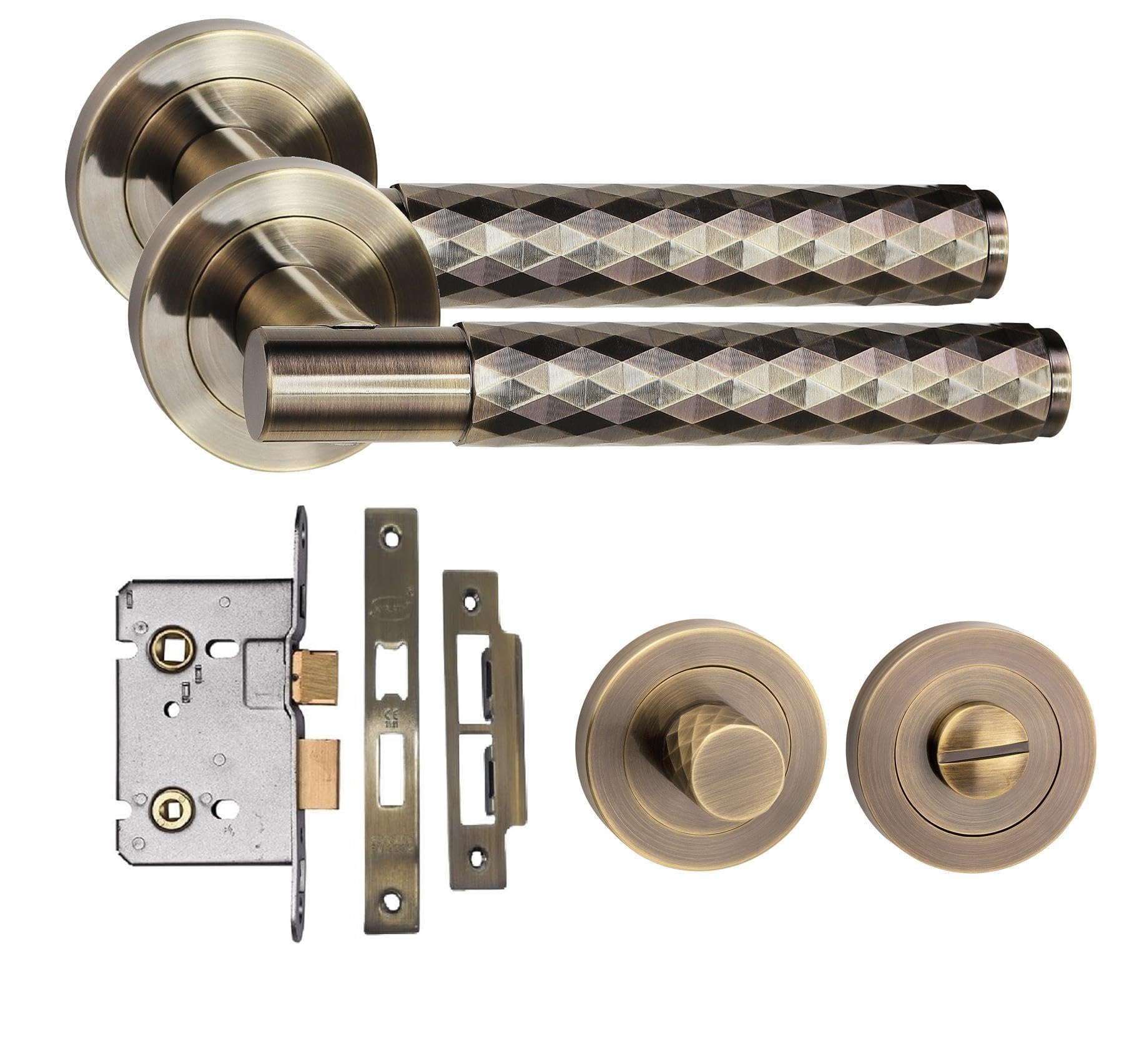 Golden Grace Antique Brass Knurled Diamond Cut T-Bar Bathroom Door Handle Set Thumbturn And Mortise Lock