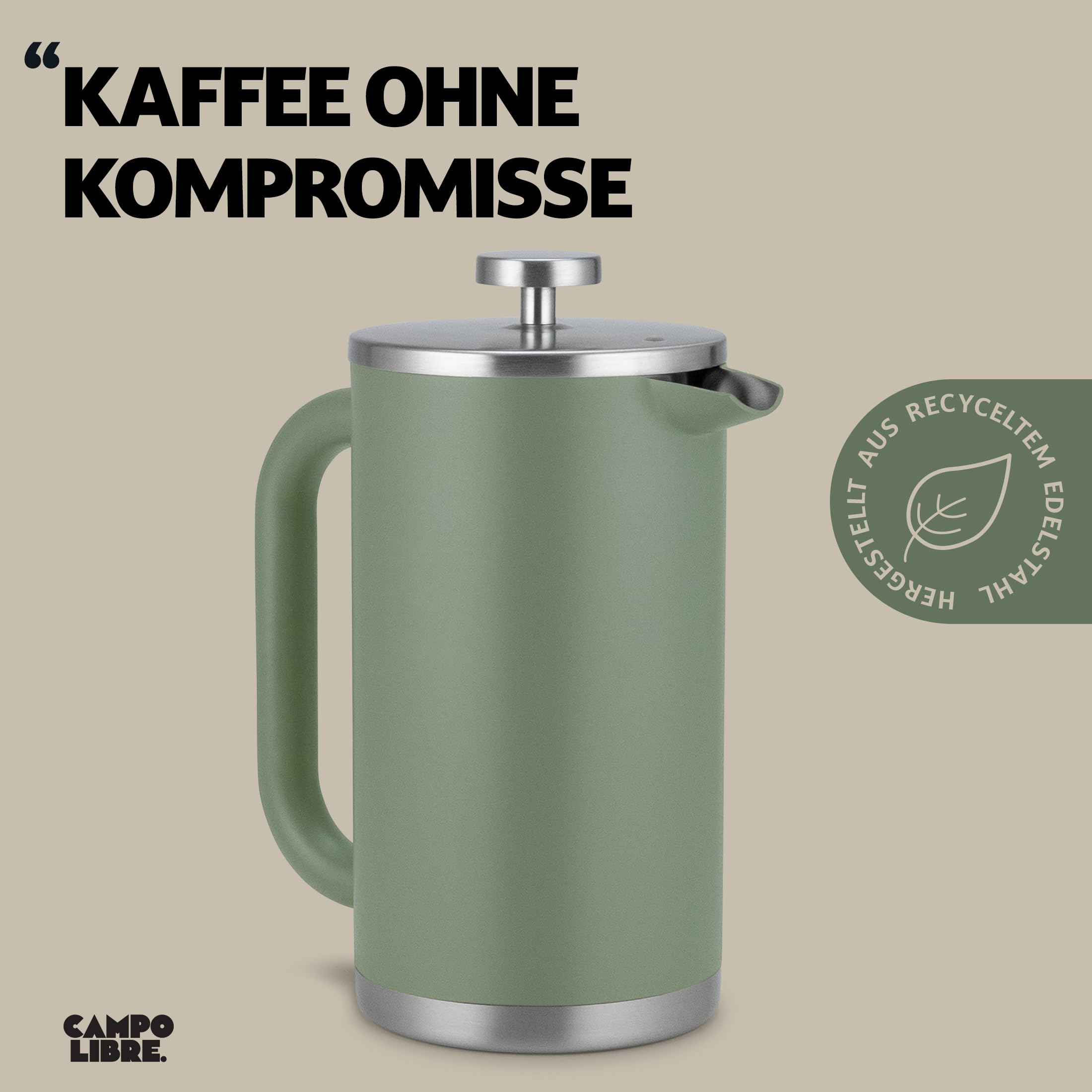 Campo Libre.® Giorgio. French Press I Kaffeebereiter aus doppelwandigem Edelstahl 0,6l I plastikfreie Kaffeepresse mit Thermofunktion inkl. Ersatzfilter I Kaffeezubereiter I 100% recycelter Edelstahl