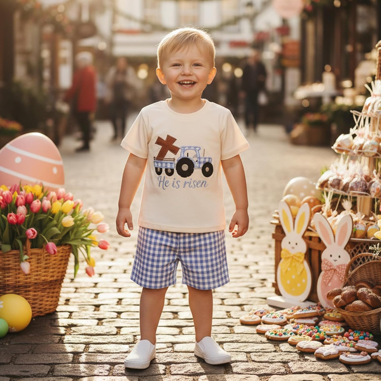 Baby Boy Easter Outfit Truck Cross Embroidery Crewneck Short Sleeve T Shirt Plaid Shorts Set Toddler Spring Clothes - Image 3