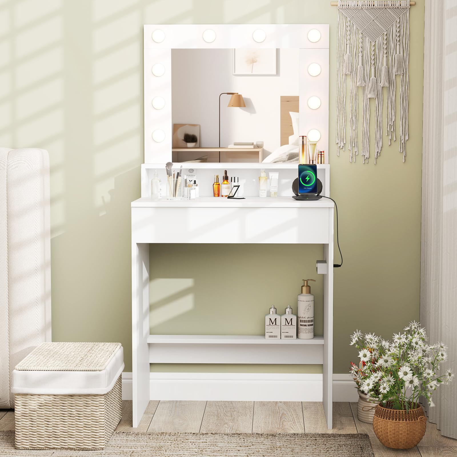 RELAX4LIFE Toeletta da Trucco con Luci LED a 3 Colori, Tavolo da Trucco con Stazione di Ricarica e Cassetto, Postazione Trucco per Camera da Letto, 66 x 40 x 136 cm, Bianco