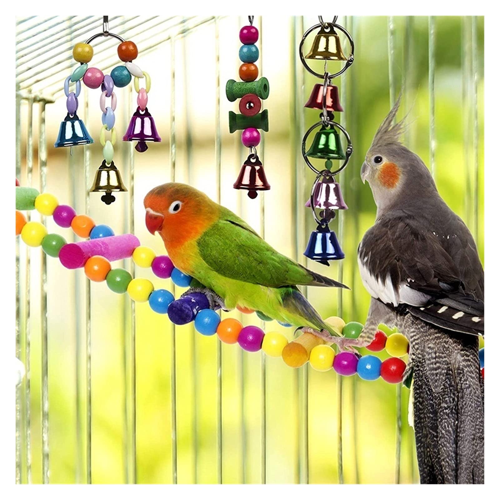 Pájaro Juguetes 10 Pack Jaula de Pájaros Juguetes para loros Fiable y masticable - Swing Hanging Kau Mordedura Puente de Madera Perlas Bola Campana Juguete