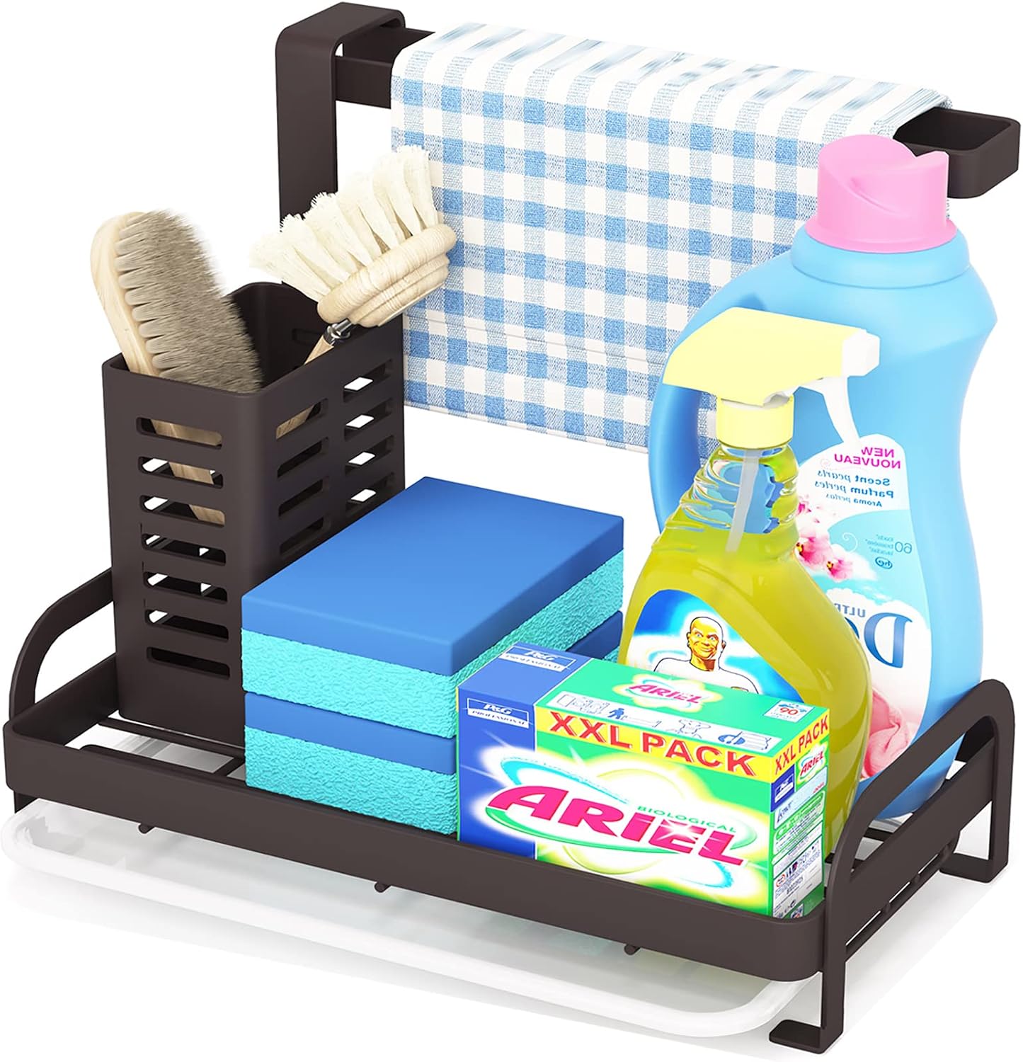 1Easylife Sink Caddy Organizer, Kitchen Sink Caddy Bronze with Drain Tray Sponge Holder Brush Dishcloth Holder Hanger Countertop for Kitchen