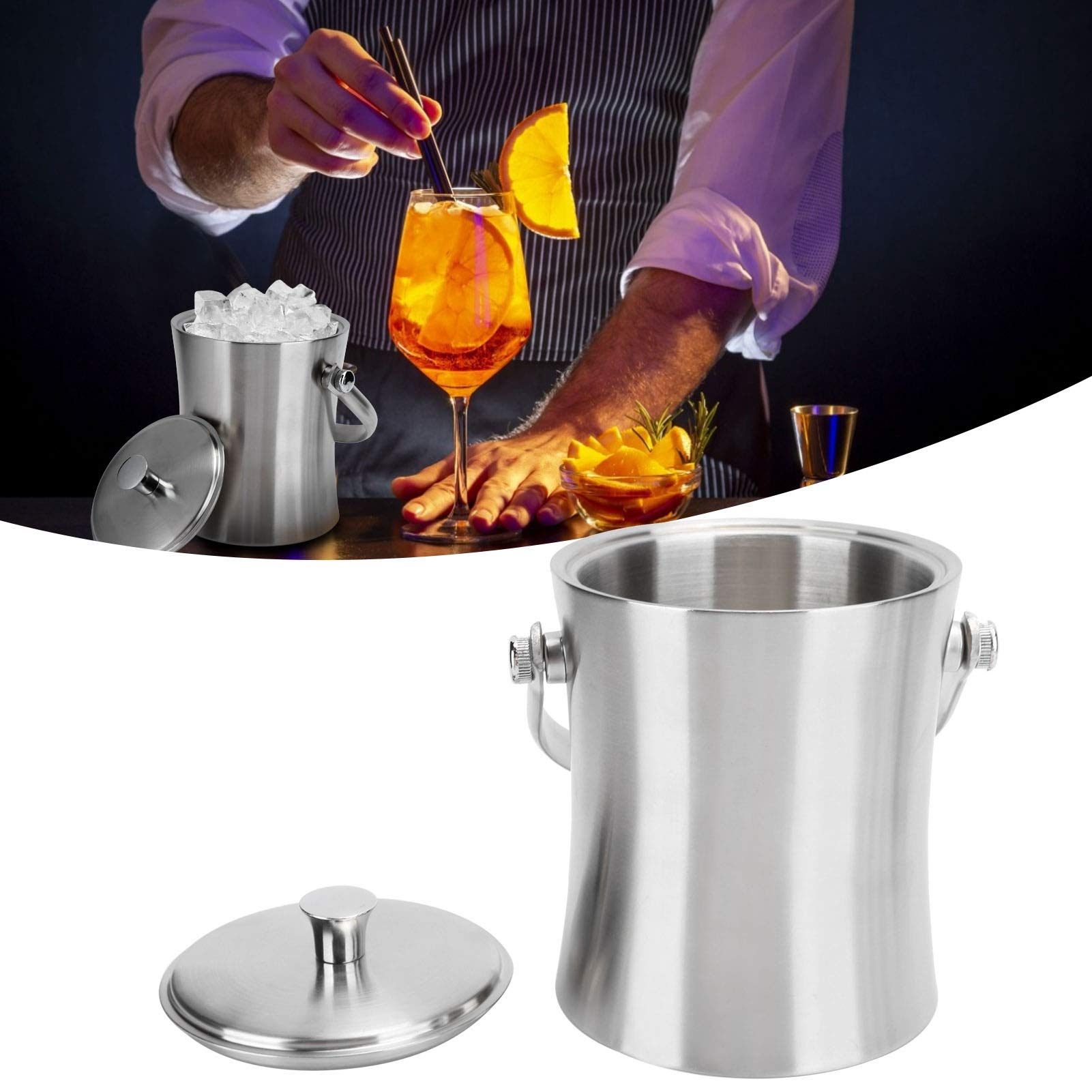 Cubo de hielo de 1 l con tapa y pinza para hielo, cubo pequeño para champán, cubo de acero inoxidable con aislamiento de doble pared, cubo de vino de metal galvanizado con asa de transporte, enfr