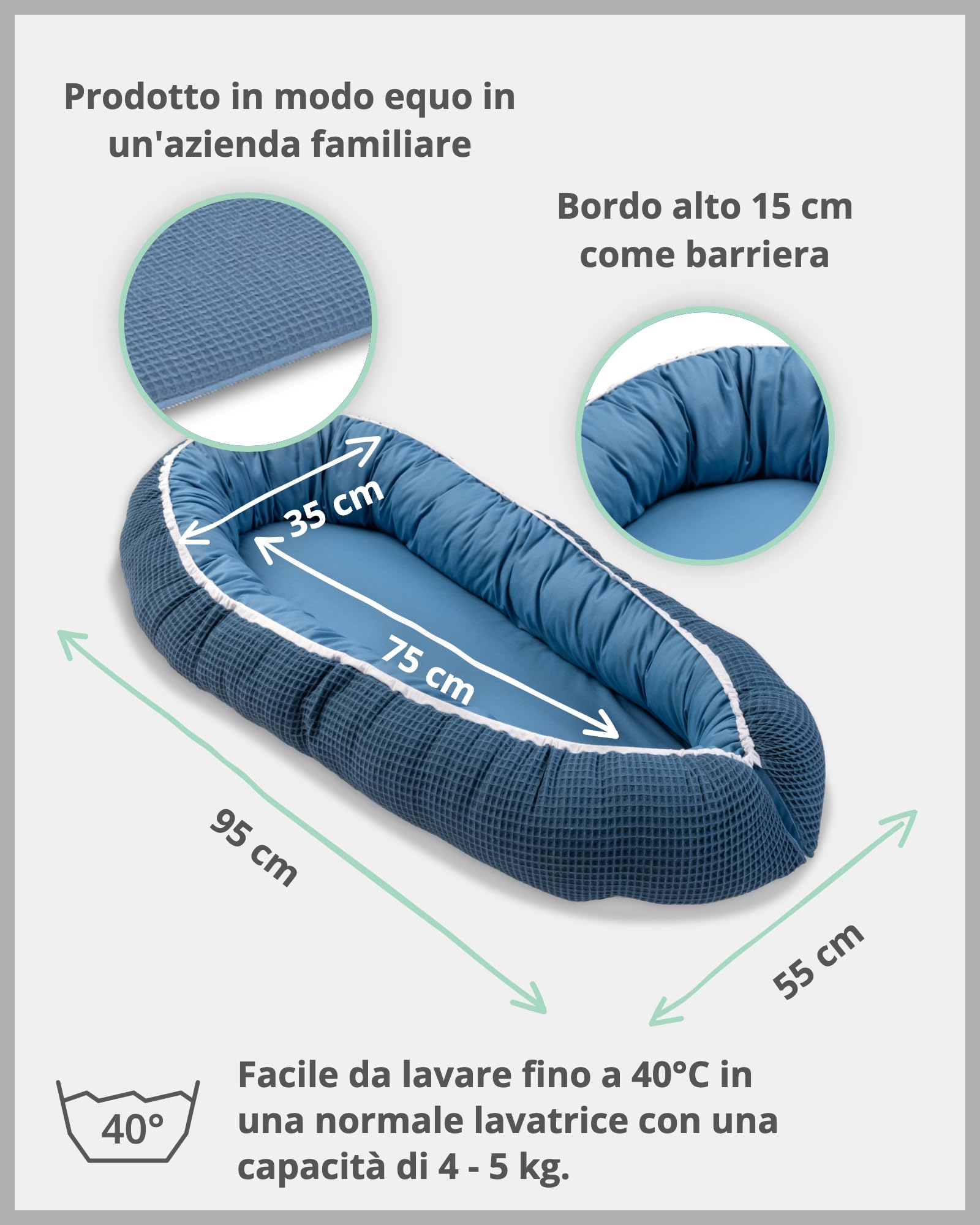 ULLENBOOM Riduttore Lettino Neonato Blu - Riduttore Culla 55x95 cm - 100% OEKO-TEX e Made in EU, Adatto come Baby Cocoon e Lettino da viaggio