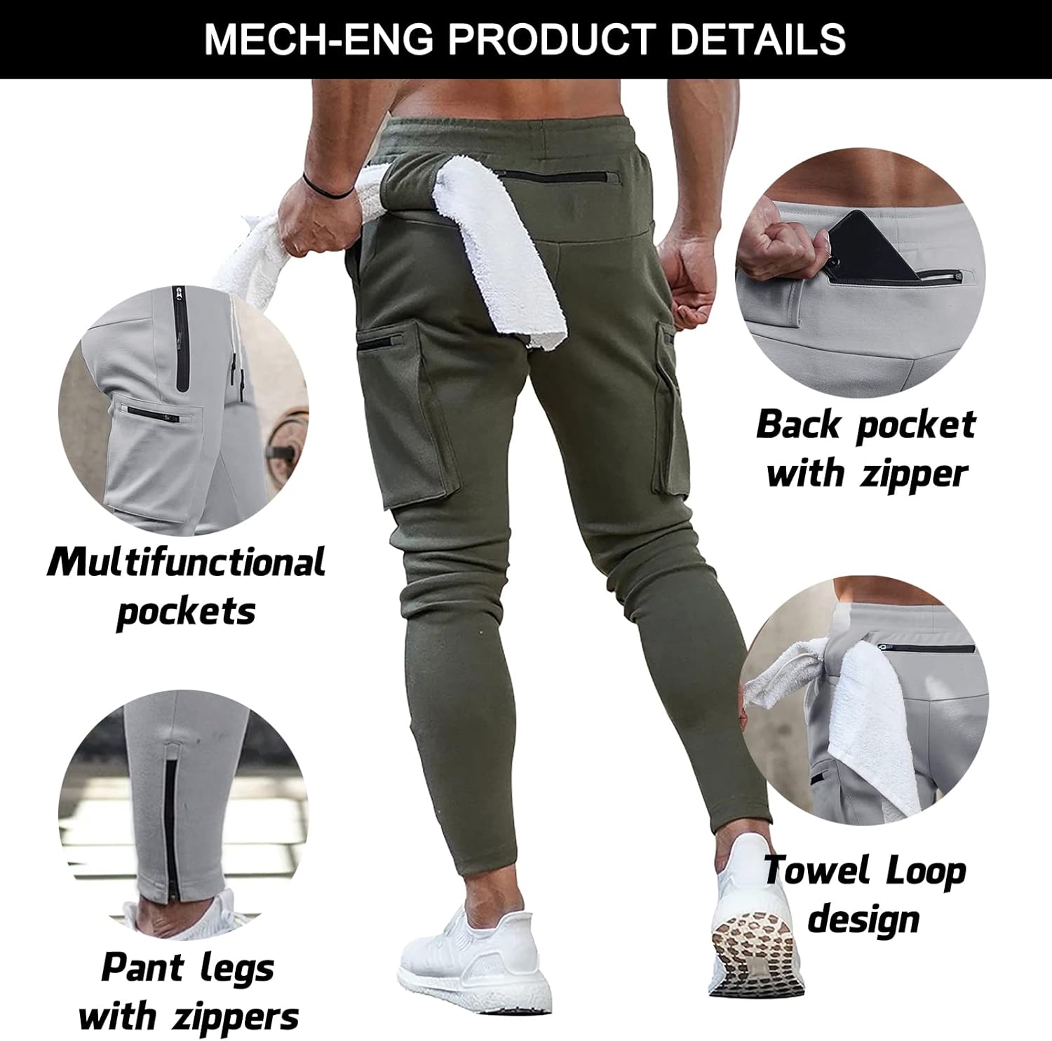 MECH-ENG Men's Active Tack Jogger Pants Fitness Tapered Sweatpants Slim Fit Trousers with Zipper Pockets - Image 6