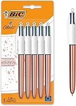 BIC 4 Colours Rose Gold Pen, Multi Coloured Pens All In One, Retractable Ballpoint Pen, Medium 1.0mm, Green, Blue, Red, Black, 5 Pens Per Pack, 1 Pack