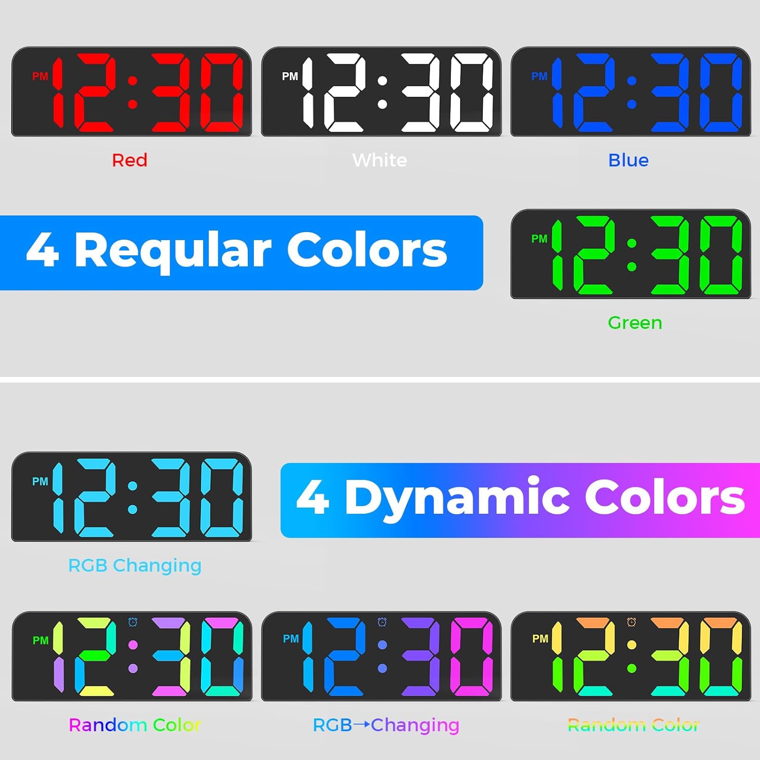 Image showing the Meloya Digital Wall Clock displaying time in various RGB colors, including 4 regular colors (Red, White, Blue, Green) and 4 dynamic colors (RGB Changing, Random Color, RGB Changing, Random Color).