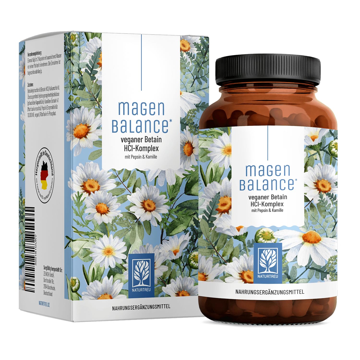 NATURTREU® Magenbalance Betain HCL Komplex vegan - mit Pepsin, Kamille & Chlorid - Unterstützung von Magensäure und Verdauung* - Vollspektrum Enzym Kapseln hochdosiert