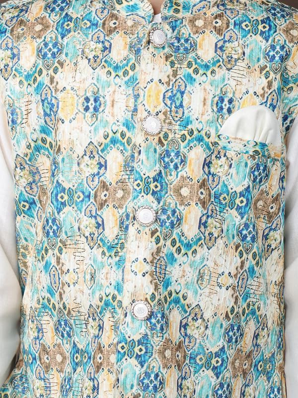 Image of superminis Boys Cotton Printed Full Sleeves Kurta Pyjama with Jacket Ethnic Wear Set