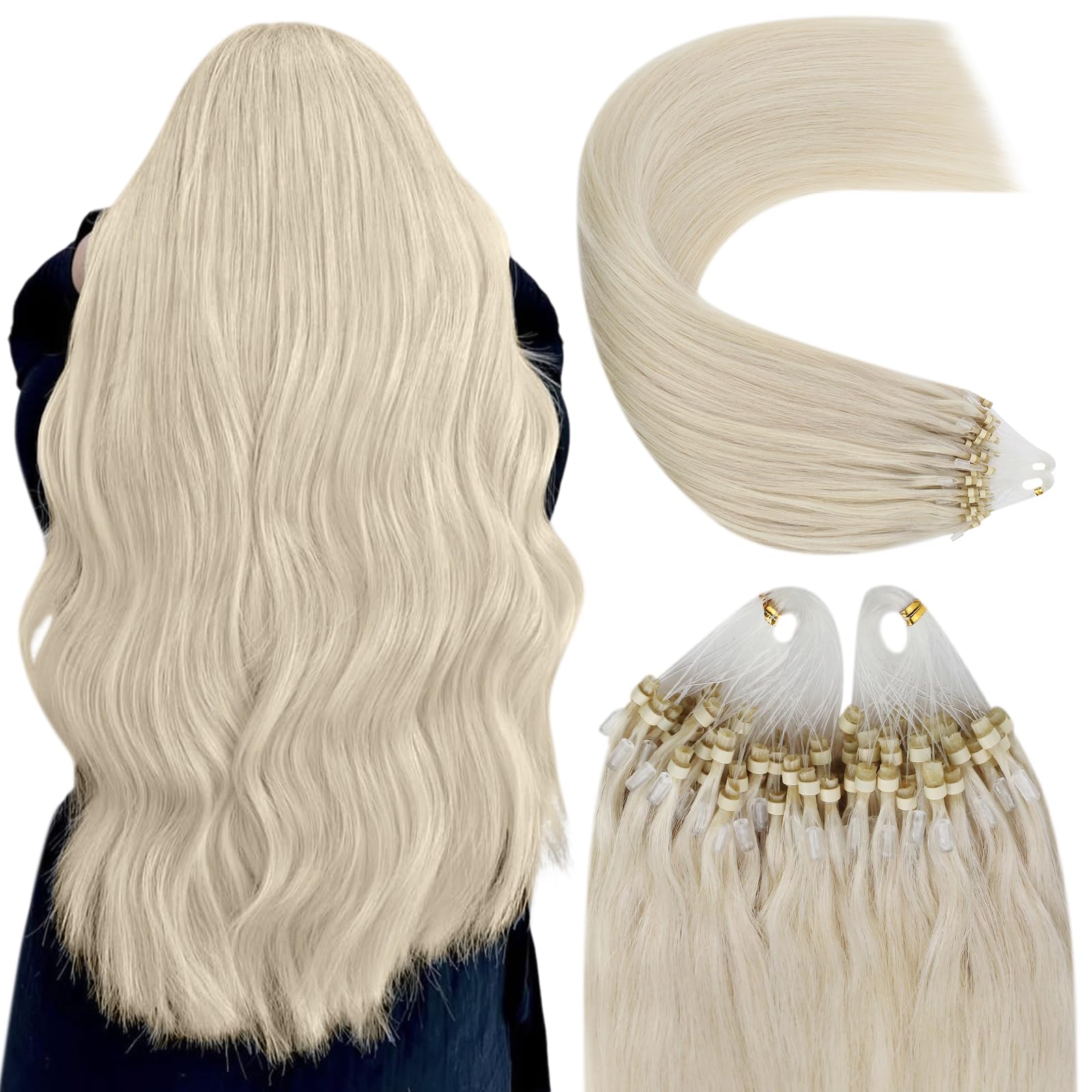 YoungSee Micro Loop Hair Extensions Blonde 16inch Micro Hair Extensions Platinum Blonde Remy Micro Bead Hair Extension White Blonde for Wedding Pre Bonded Cold Fusion 50s 50g