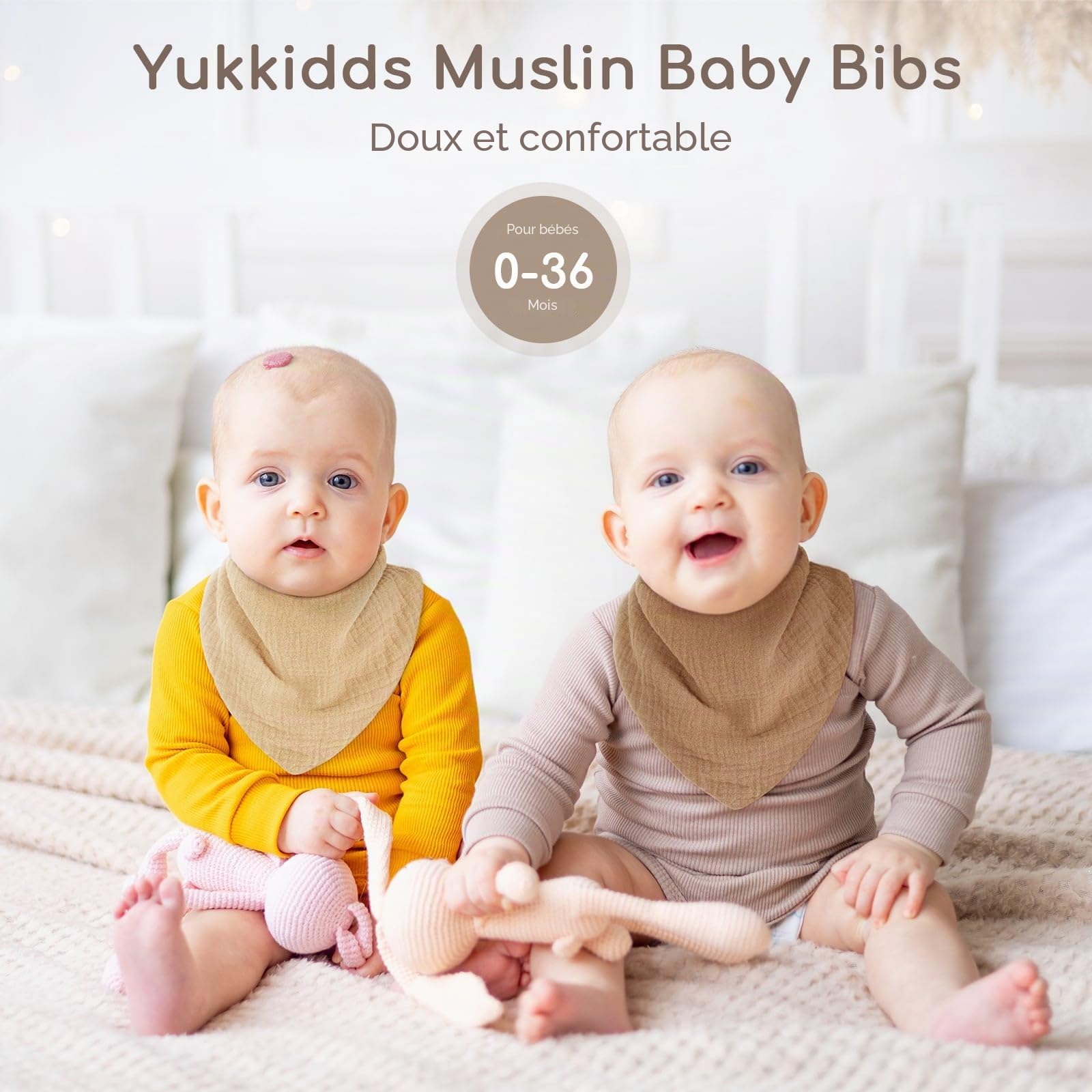 Bavoirs Bébé Naissance 6 Pièces - Bandana en Mousseline Douce et Hautement Absorbante - Réglables pour Nouveau-Né Garçons et Filles Beige Marron