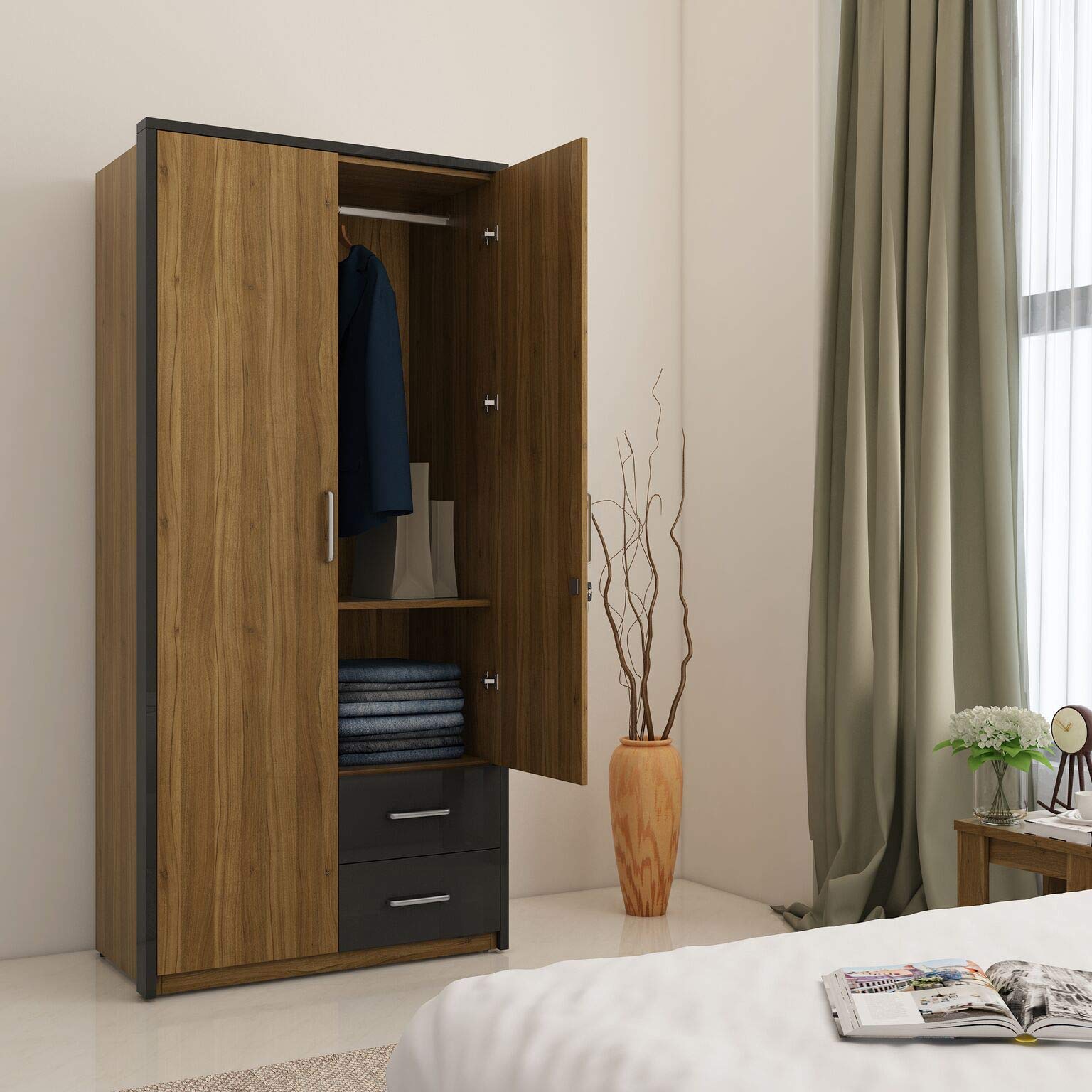 Home Centre Quadro Brown Engineered Wood Two Door Wardrobe with Mirror - 95.2 cm x 53 cm x 202.5 cm-image-3