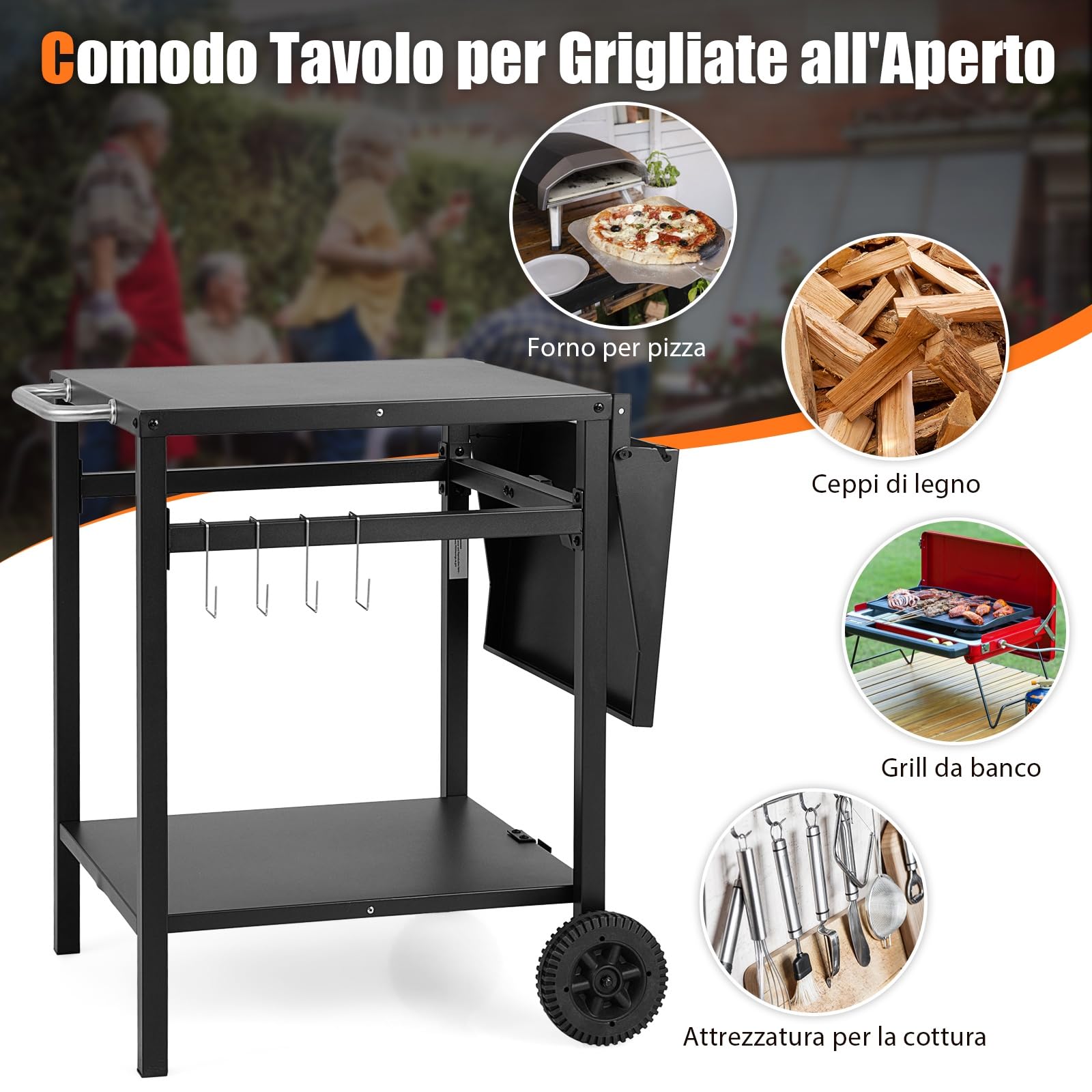 GYMAX Carrello da Cucina a 2 Piani con 2 Ruote, Carrello Multifunzionale con Piano Pieghevole, 4 Ganci Metallici, Maniglia Laterale, Servizio per Barbecue Esterno