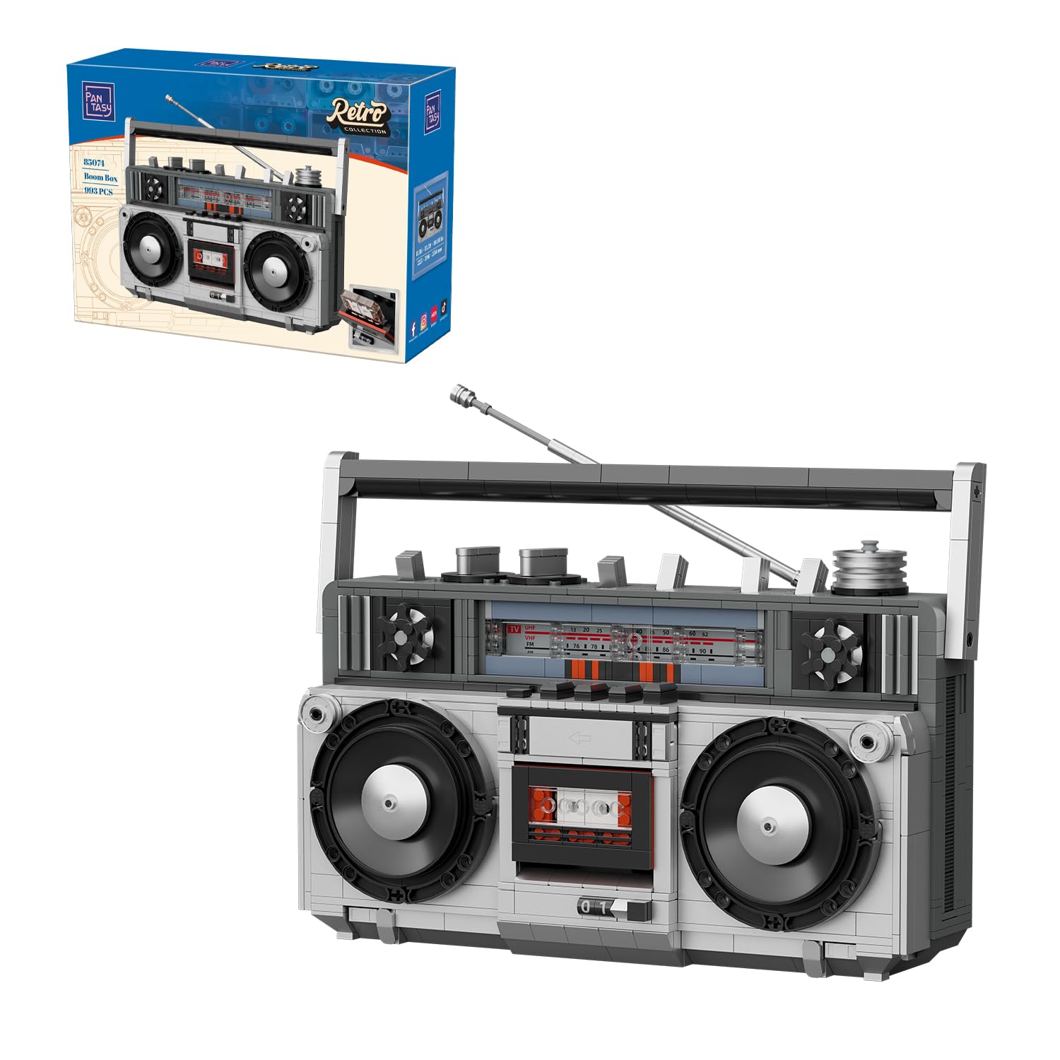 PANTASY Radiomagnetofon Retro Zestaw Klocków dla Dorosłych, Boombox | Wyjmowana kaseta, ruchomy wskaźnik strojenia, regulowana antena, składany uchwyt i komora baterii, model z lat 80.