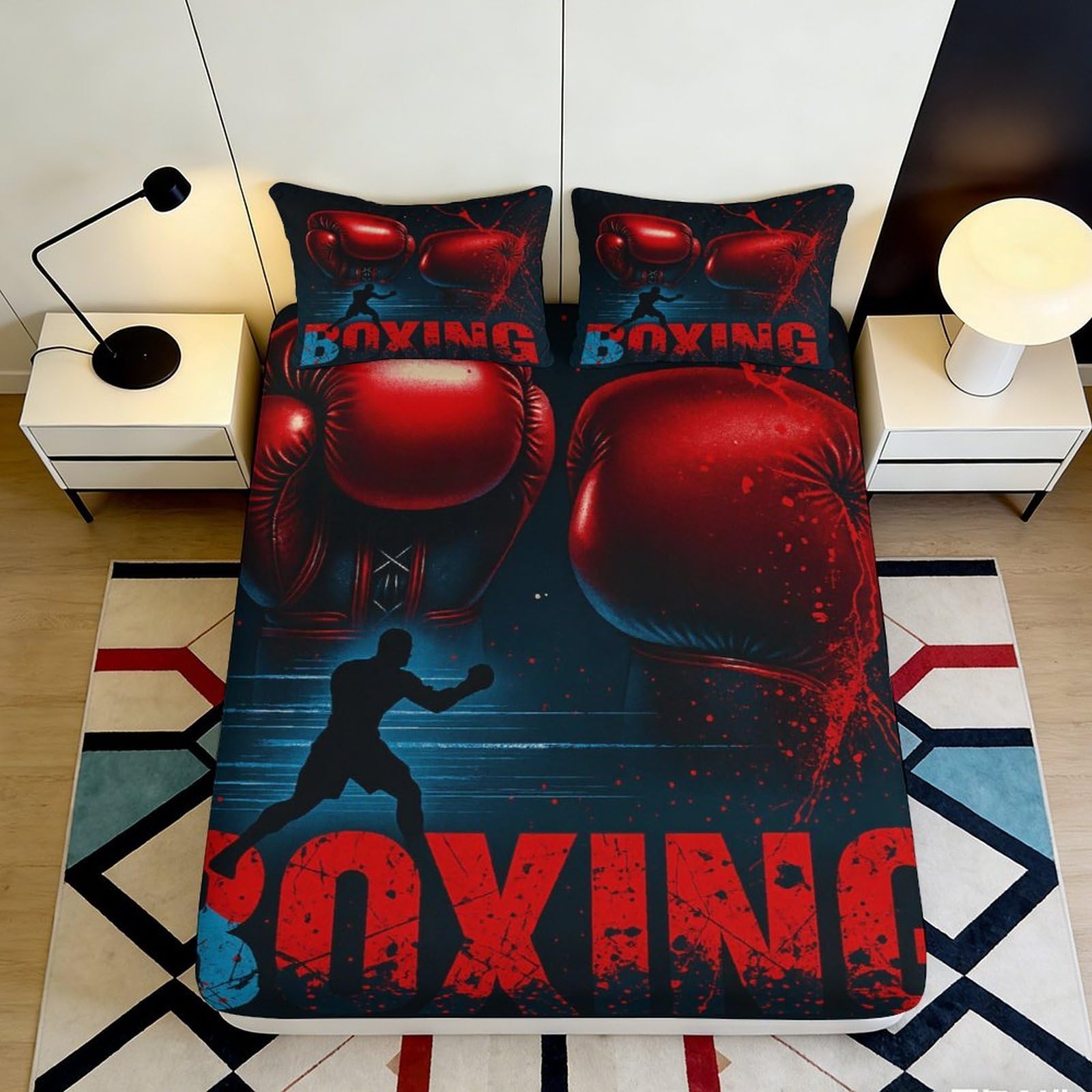 3D Printed Boxing Theme Fitted Sheet Microfiber Non-Slip Deep Pocket Bedroom Bedding Boxing Mattress Fitted Cover Full Wrap for Adults Teens 90x200x25cm