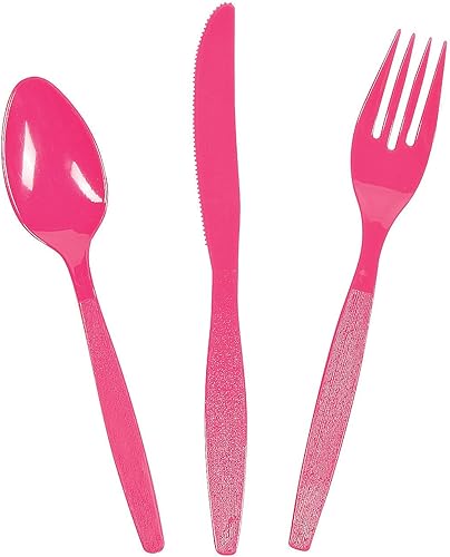 Juegos de cubiertos de plástico a granel para 70, 210 piezas, cucharas, cuchillos, tenedores, suministros de fiesta y boda (rosa intenso)