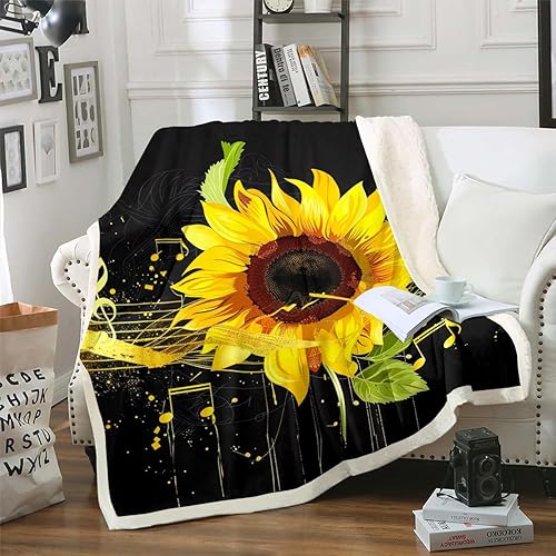 Erosebridal Manta de felpa de girasol, manta de vellón floral de flores amarillas, manta de notas musicales para niños y adultos, manta de estilo