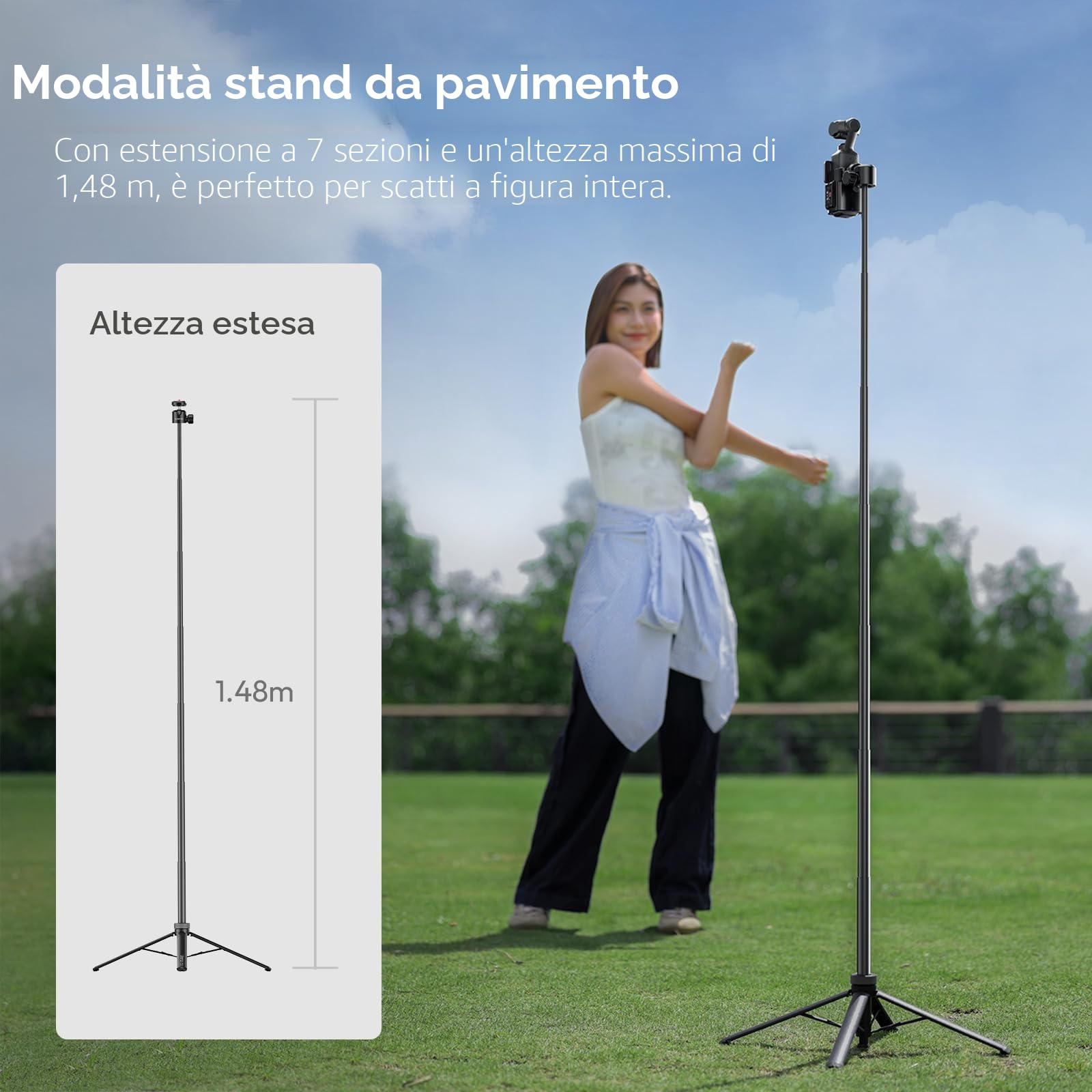 ULANZI TT24 Selfie stick treppiede 150 cm con 4 piedi, Apertura automatica, Cavalletto action cam a sgancio rapido CKA, Carico 1 kg, Compatibile con Insta360 ace pro X3 4 5, DJI Pocket Action, Go pro