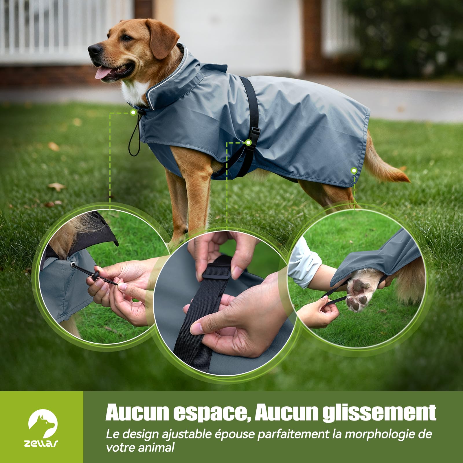 Manteau de Pluie Imperméable pour Chien Zellar, Adjustable et Léger avec Bande Réfléchissante & Passage pour la Laisse, Enfilage Facile, Manteau Chien Imperméable pour Chiens Moyens et Grands, M Gris