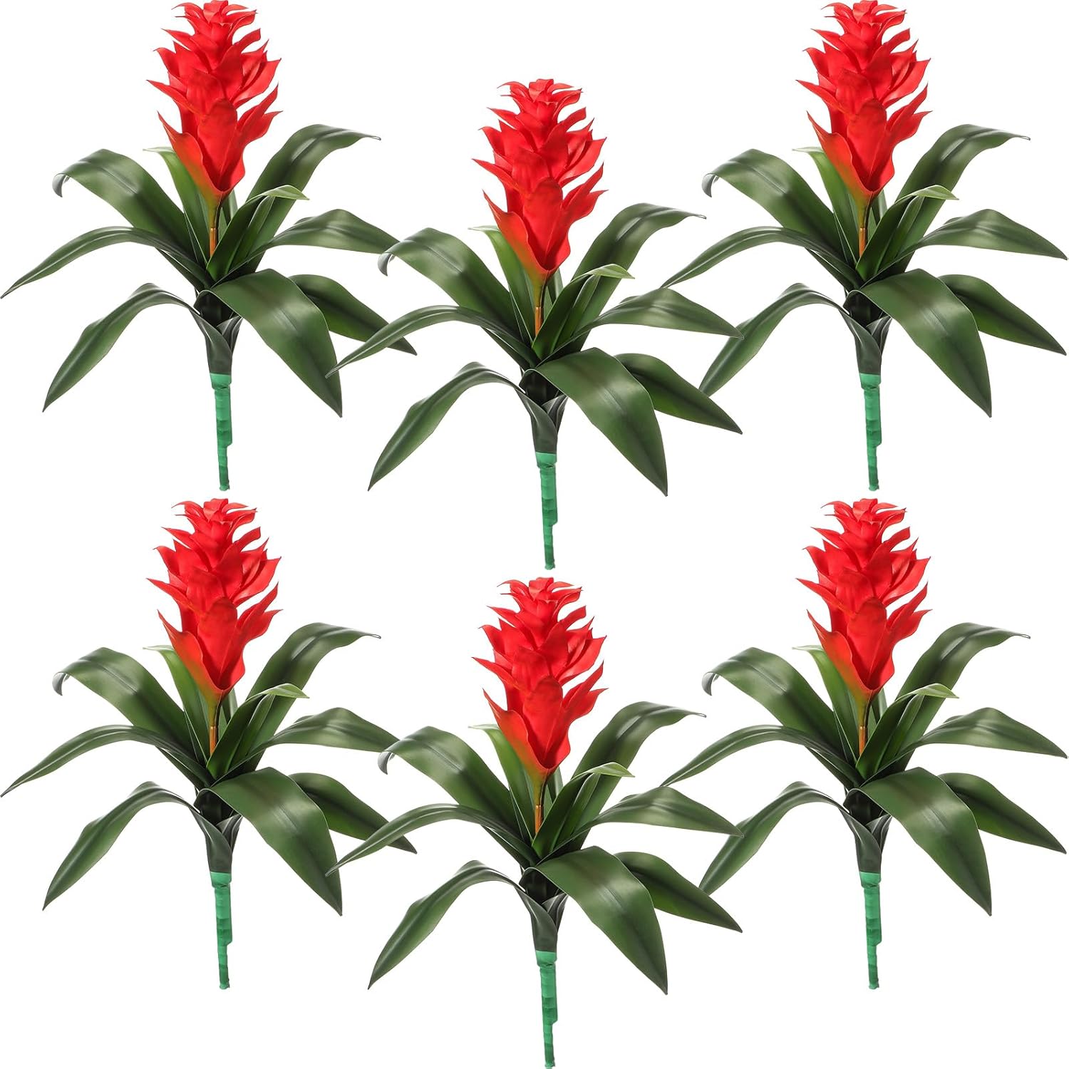 Hotop 6 Pack 16'' Artificial Tropical Bromeliad Flower Fake Ginger Torch Red/Yellow Bromeliad Plant New House Gift for Indoor Outdoor Patio Garden Home Decor (Red)