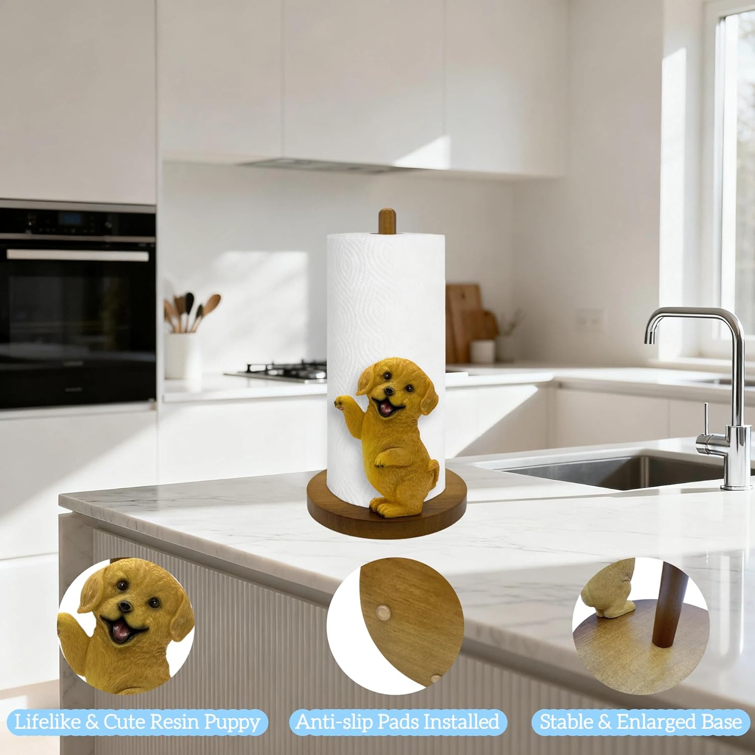 Puppy Paper Towel Holder for Kitchen - Cute Dog Paper Towel Stand with Solid Wood Base, Stable Countertop Towel Dispenser for Standard & Large Rolls, for Dog Lovers