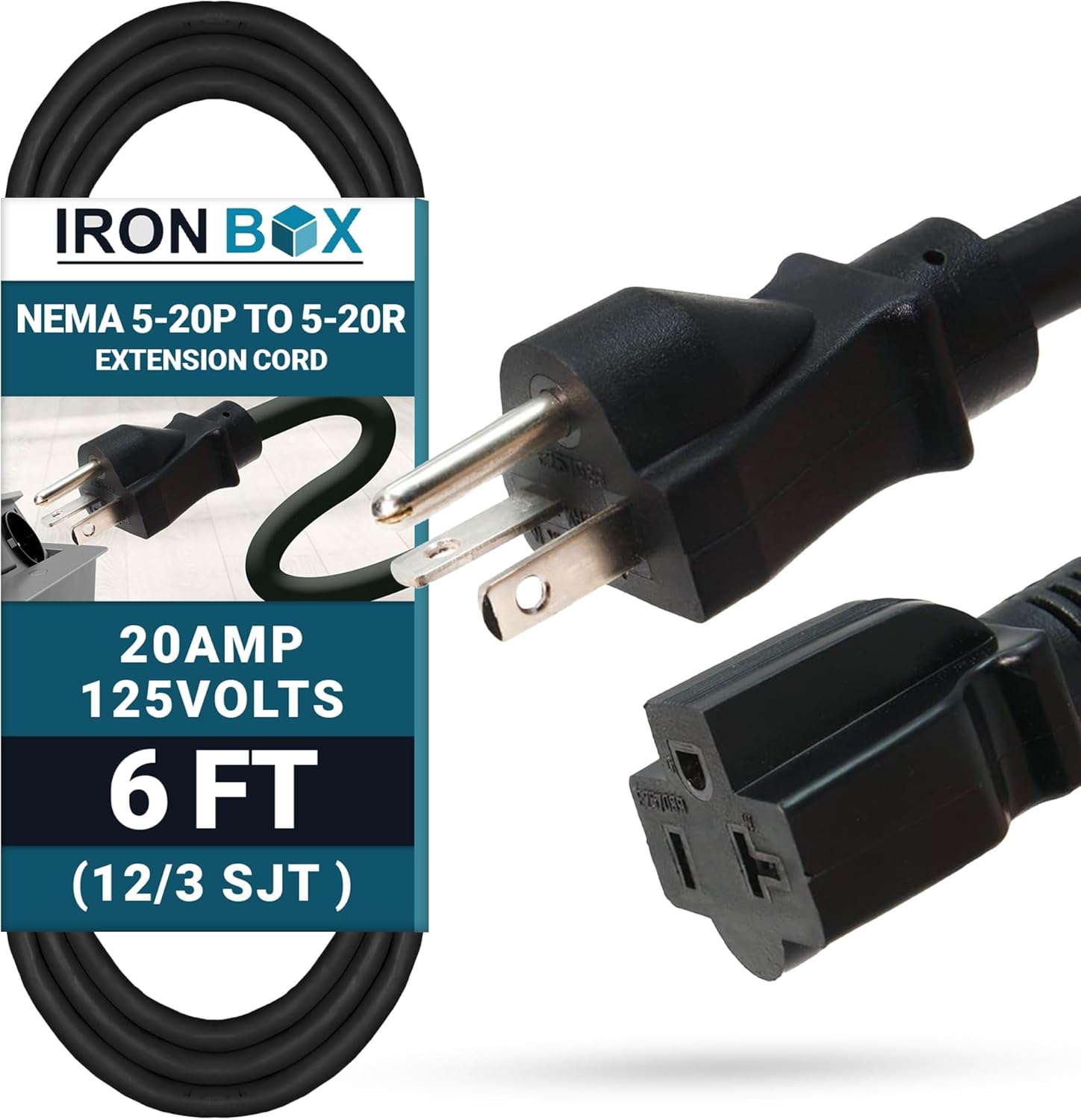 IronBox Electric NEMA 5-20P to 5-20R Extension Cord - 20A, 125V, 12/3 SJT Jacket - Heavy Duty Outdoor Generator Cords & Plugs - UL Listed Extension Cable for Data Centers, Camper & More (6 ft, Molded)